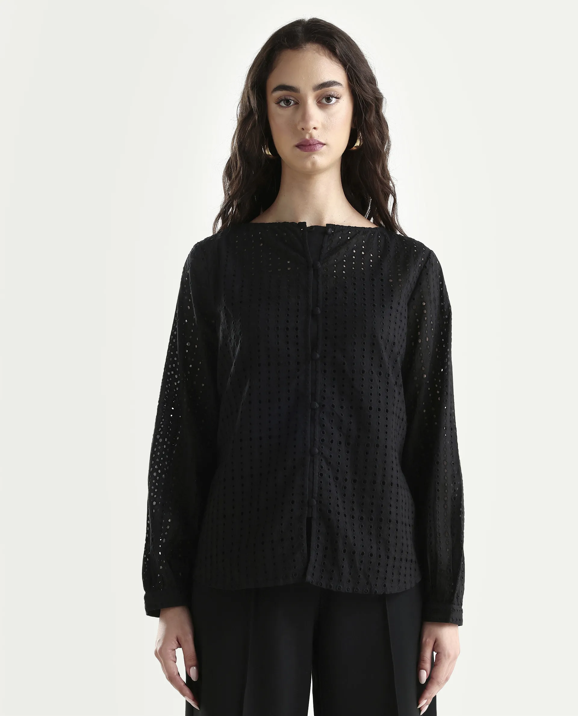 Rareism Women's Jancy Black Cotton Boat Neck Plain Bishop Sleeve Regular Fit Top - Image 3