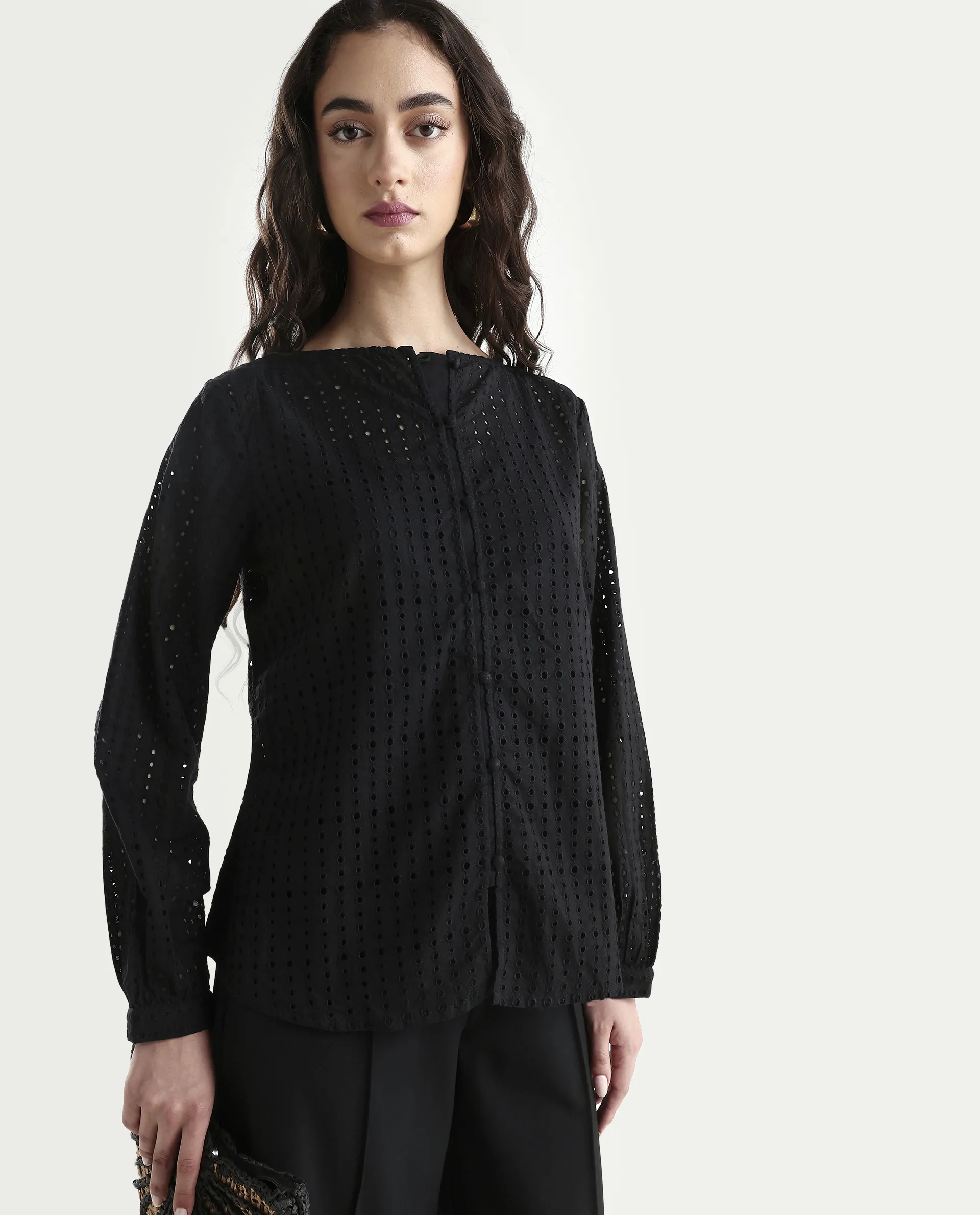 Rareism Women's Jancy Black Cotton Boat Neck Plain Bishop Sleeve Regular Fit Top - Image 4