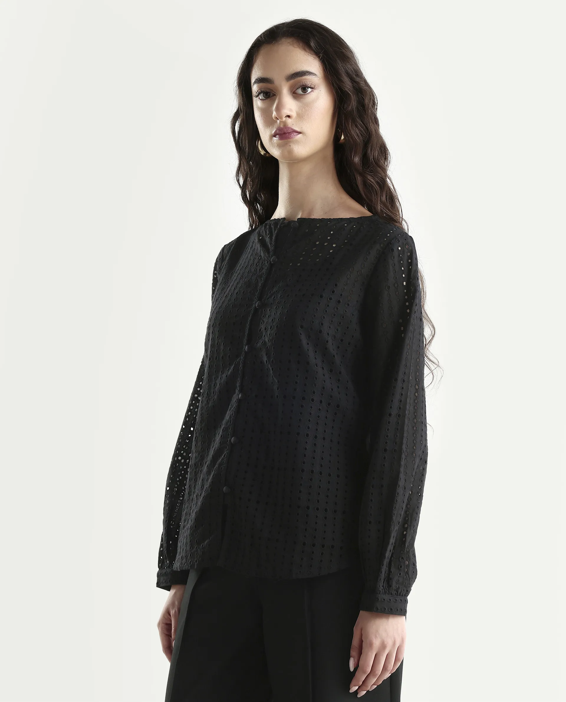 Rareism Women's Jancy Black Cotton Boat Neck Plain Bishop Sleeve Regular Fit Top - Image 5