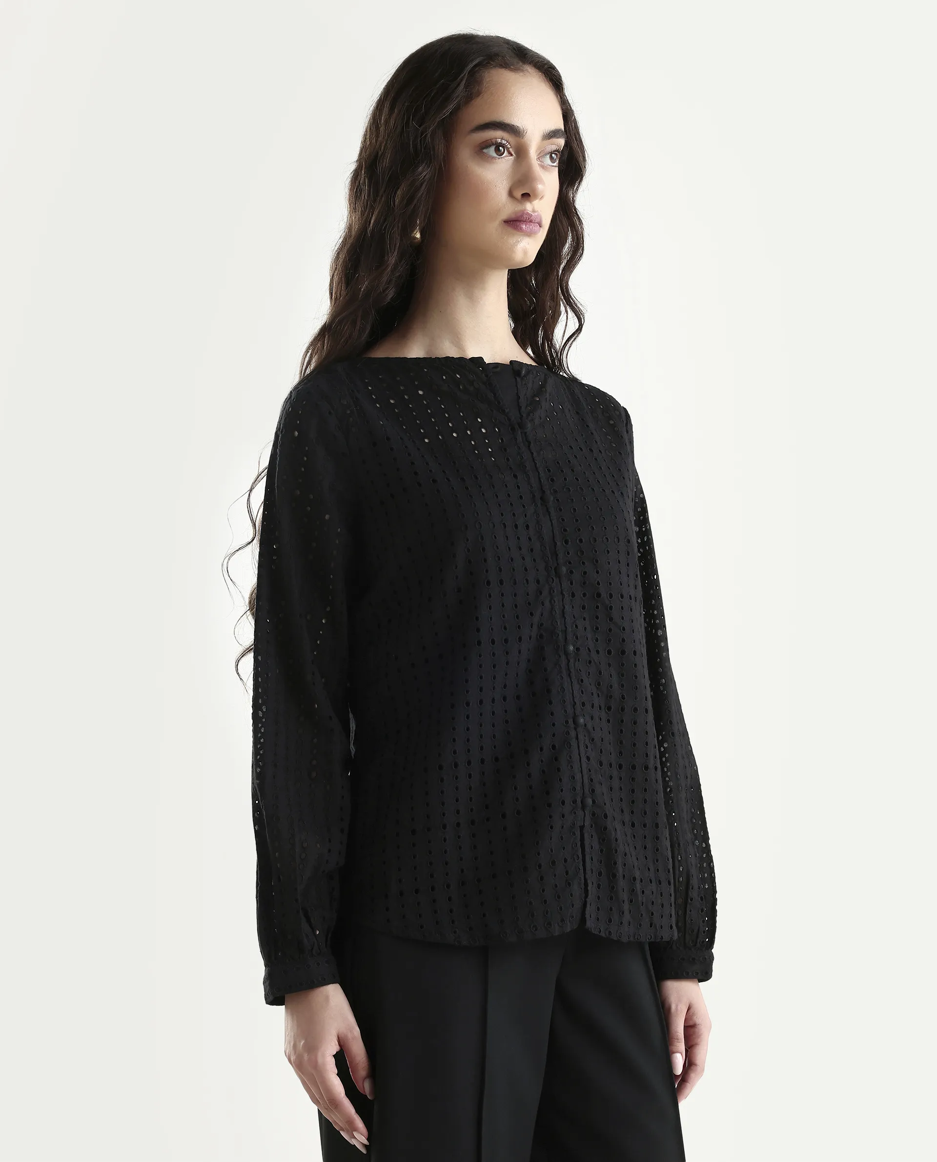 Rareism Women's Jancy Black Cotton Boat Neck Plain Bishop Sleeve Regular Fit Top - Image 6
