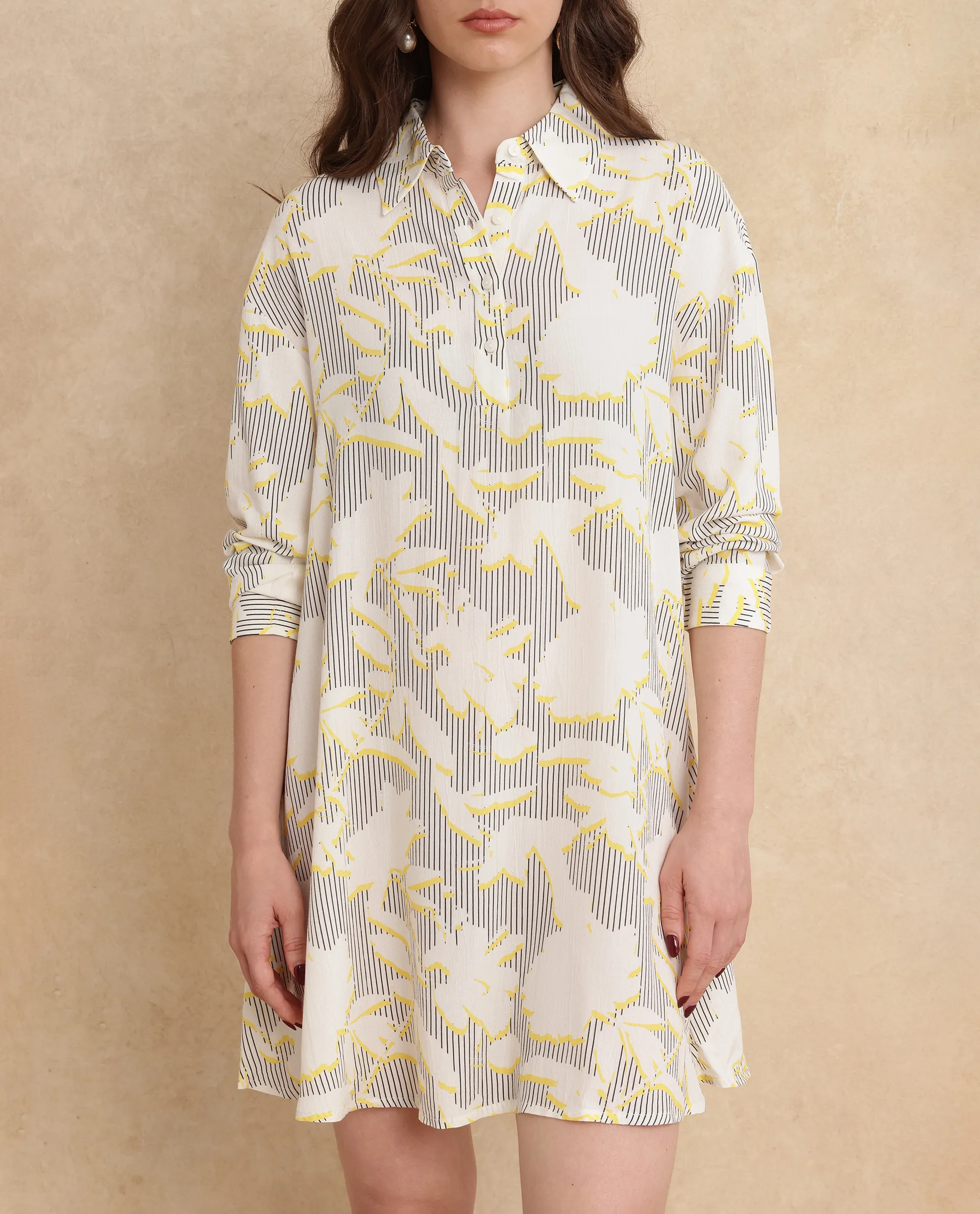Rareism Women's Jandop Light Multi Cotton Spread Collar Abstract Print Cuffed Sleeve Mini A-Line Dress - Image 3