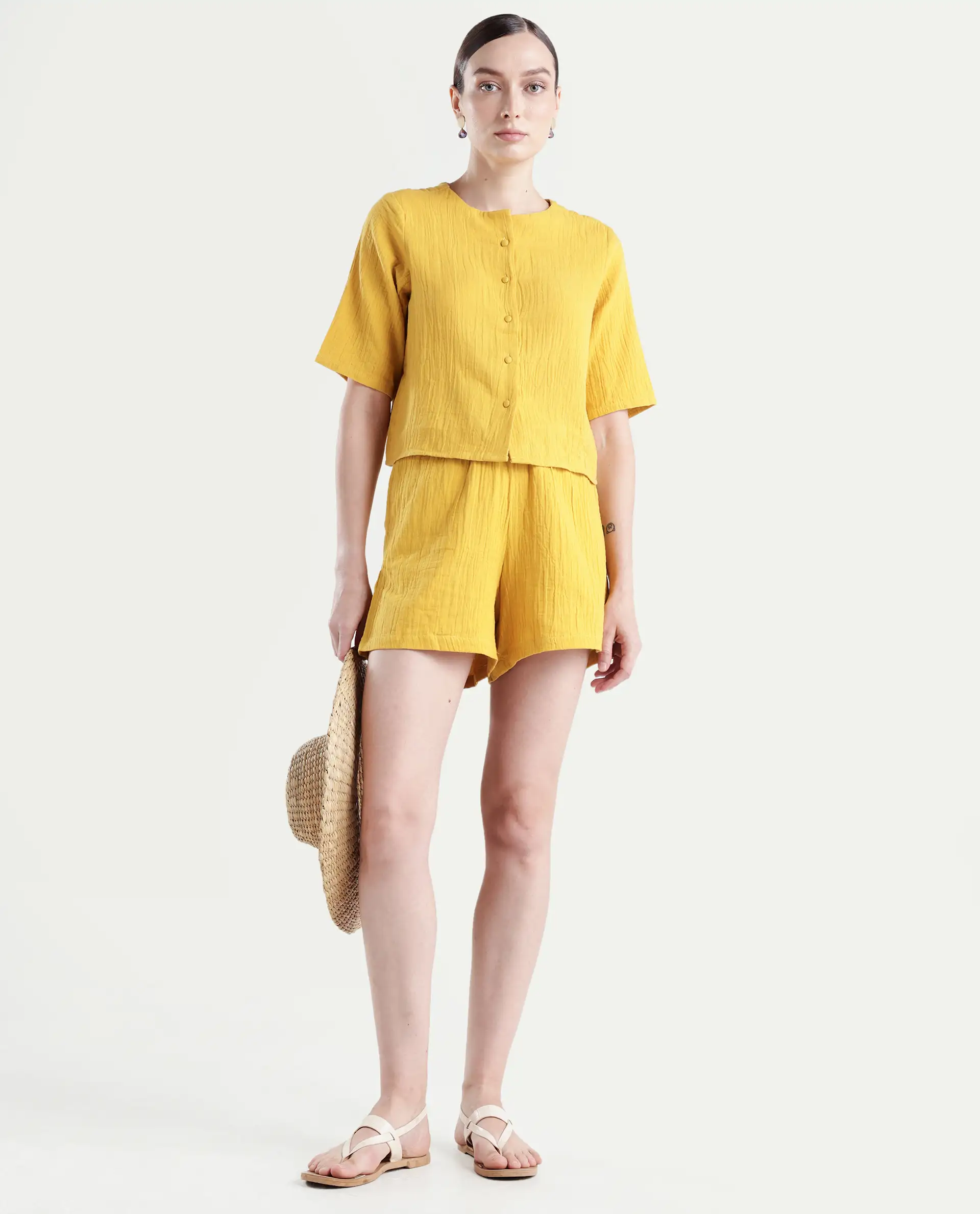 Rareism Women's Jandren B Mustard Cotton Plain Mini Regular Fit Shorts