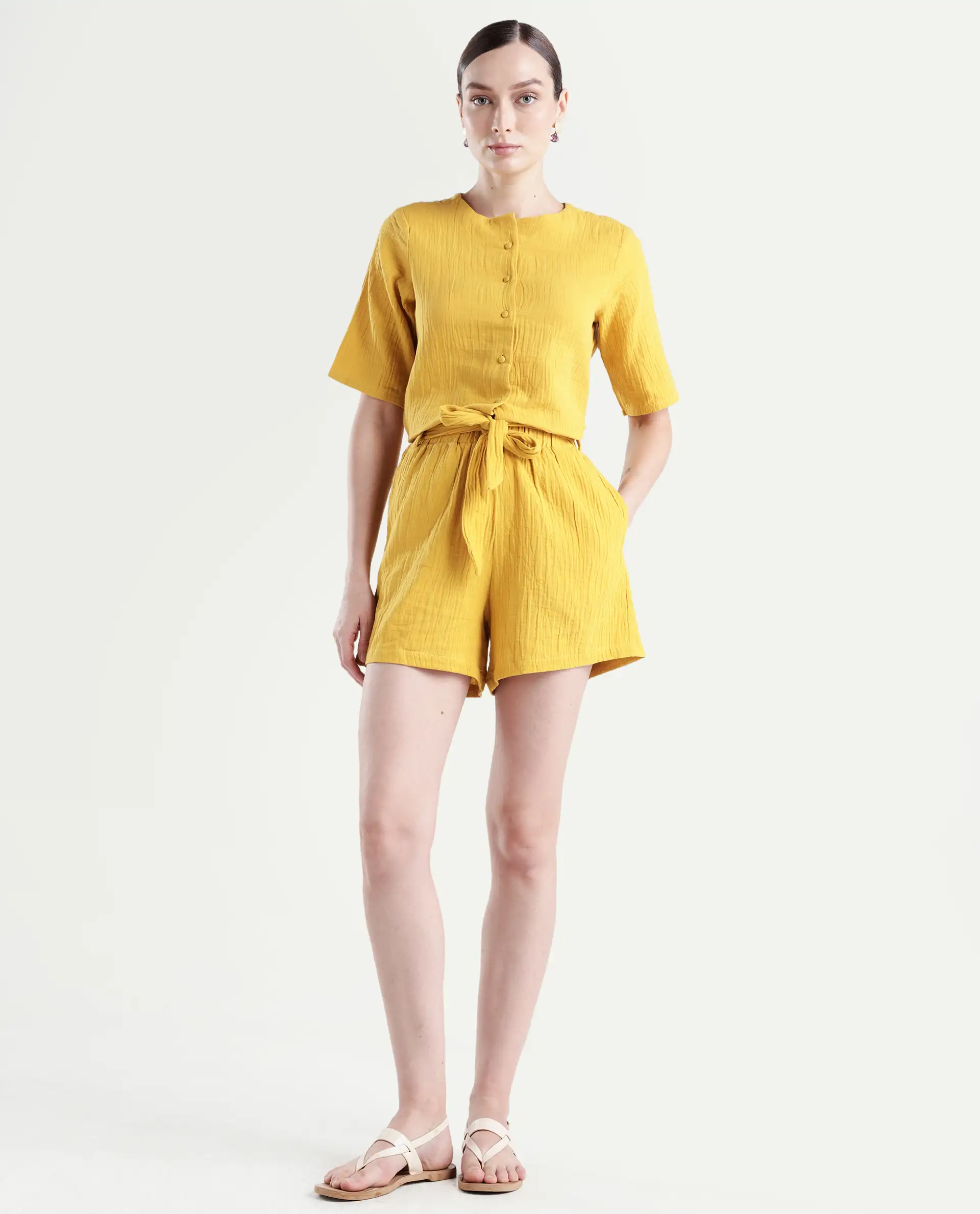 Rareism Women's Jandren B Mustard Cotton Plain Mini Regular Fit Shorts - Image 2