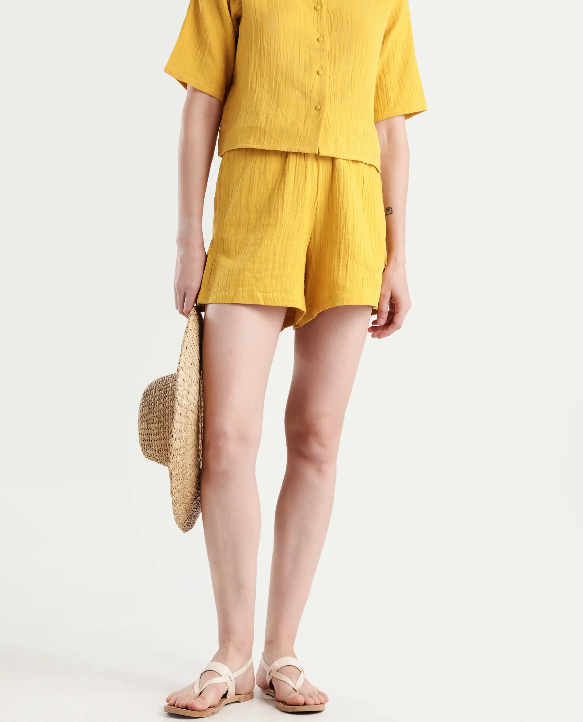 Rareism Women's Jandren B Mustard Cotton Plain Mini Regular Fit Shorts - Image 3