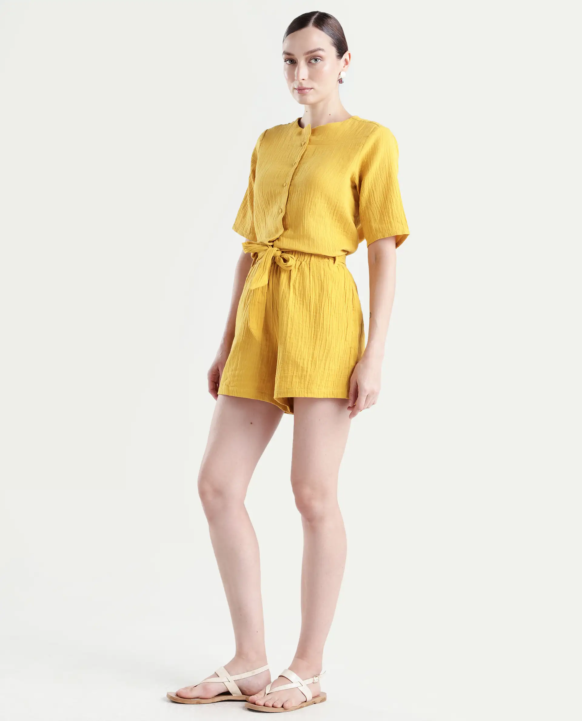 Rareism Women's Jandren B Mustard Cotton Plain Mini Regular Fit Shorts - Image 5