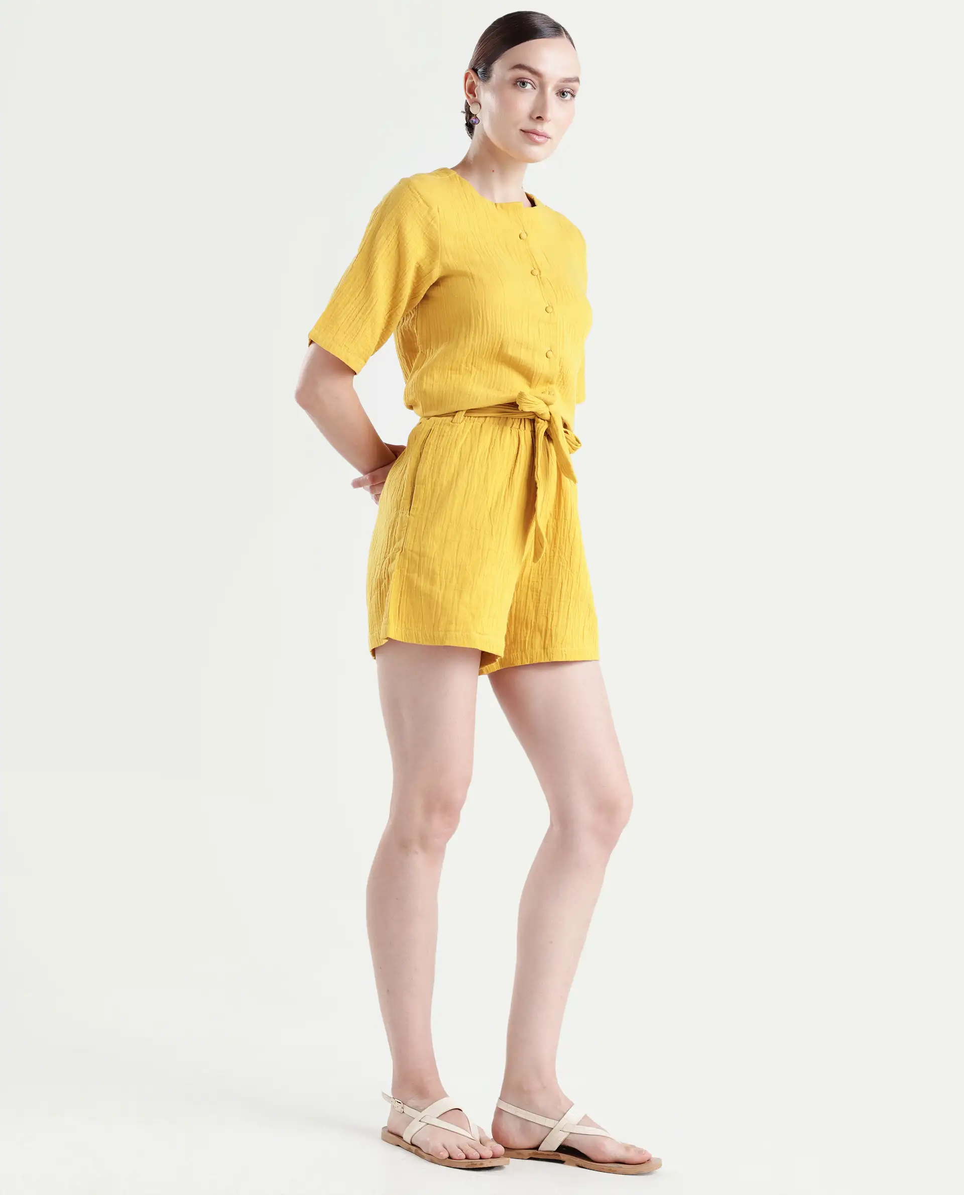 Rareism Women's Jandren B Mustard Cotton Plain Mini Regular Fit Shorts - Image 6