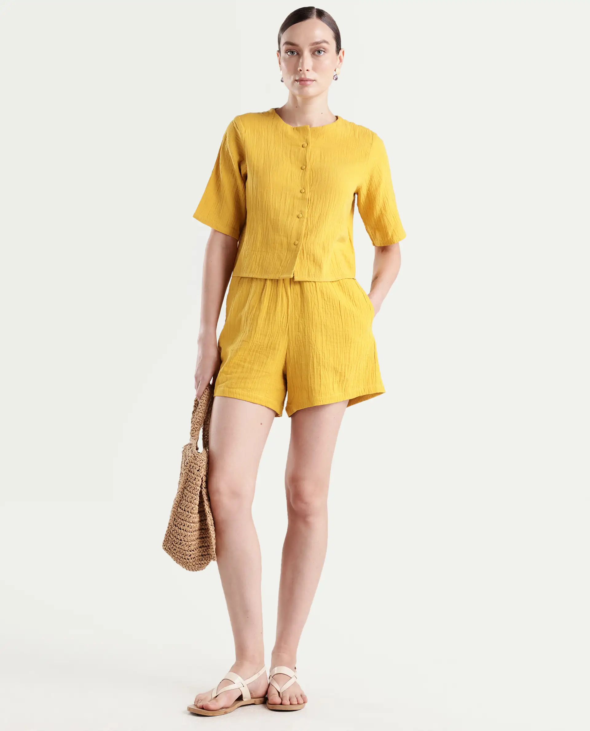 Rareism Women's Jandren T Mustard Cotton Round Neck Plain Relaxed Fit Top - Image 2