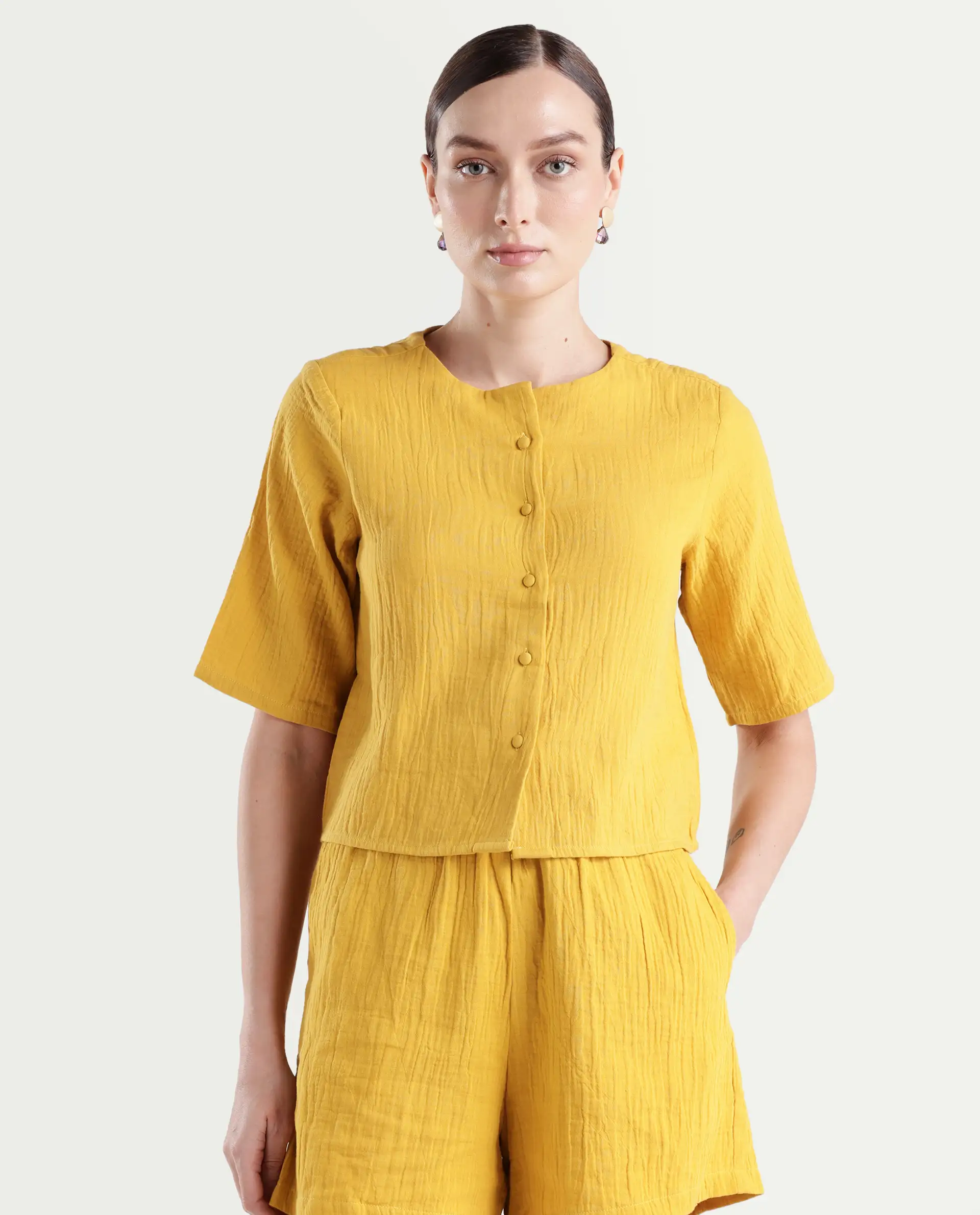 Rareism Women's Jandren T Mustard Cotton Round Neck Plain Relaxed Fit Top - Image 3