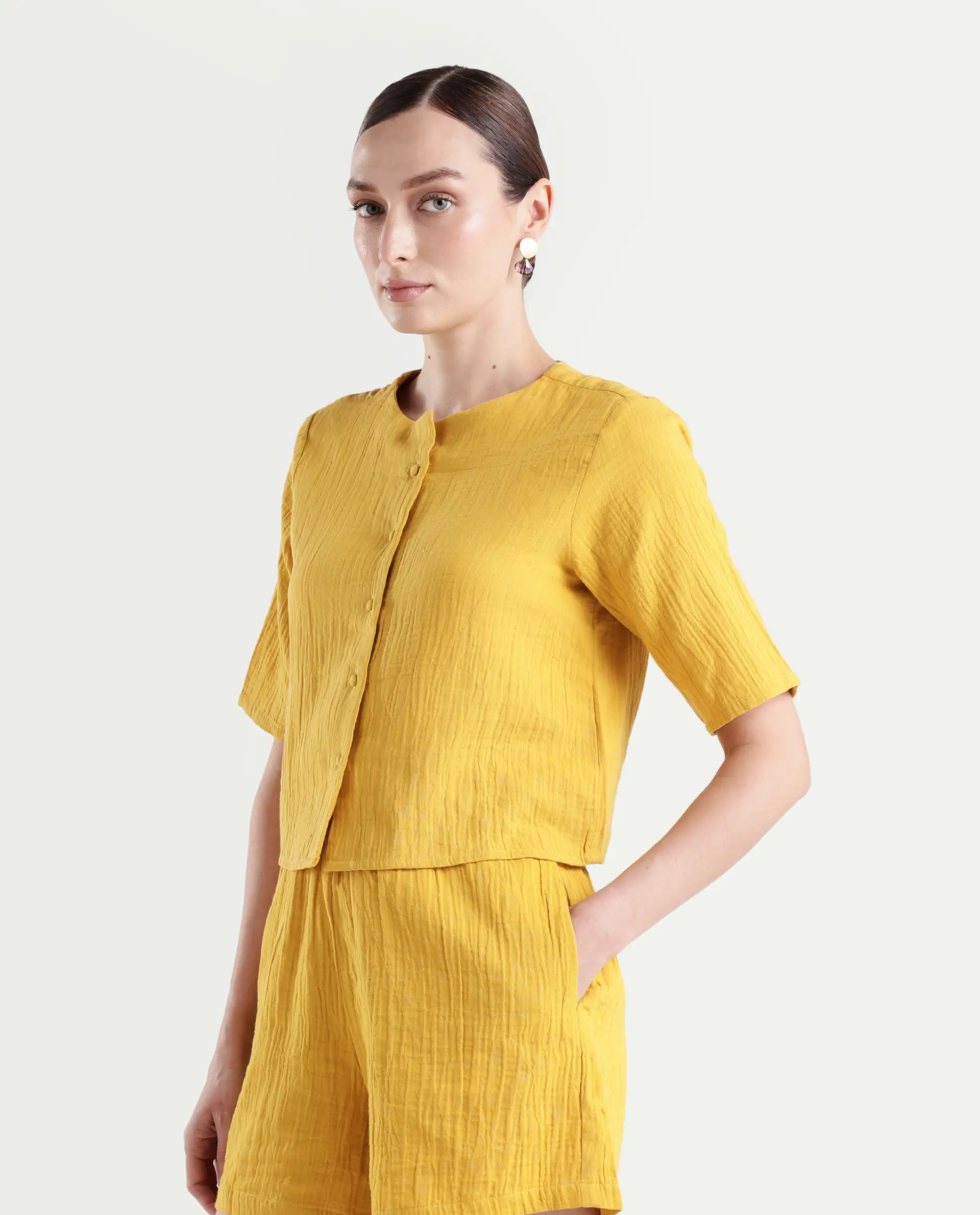 Rareism Women's Jandren T Mustard Cotton Round Neck Plain Relaxed Fit Top - Image 5