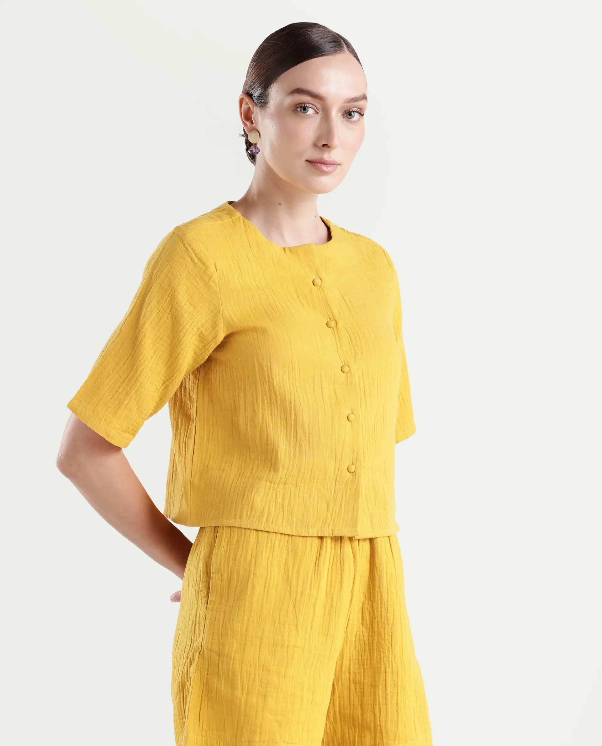 Rareism Women's Jandren T Mustard Cotton Round Neck Plain Relaxed Fit Top - Image 6