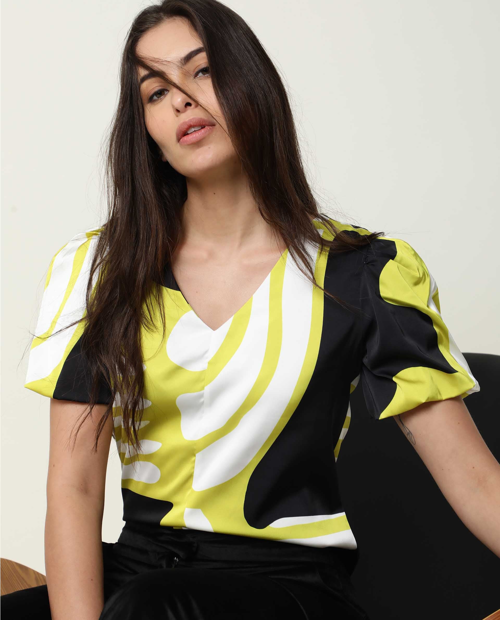 Rareism Womens Jane Black Top Modal Fabric Full Sleeve V Neck