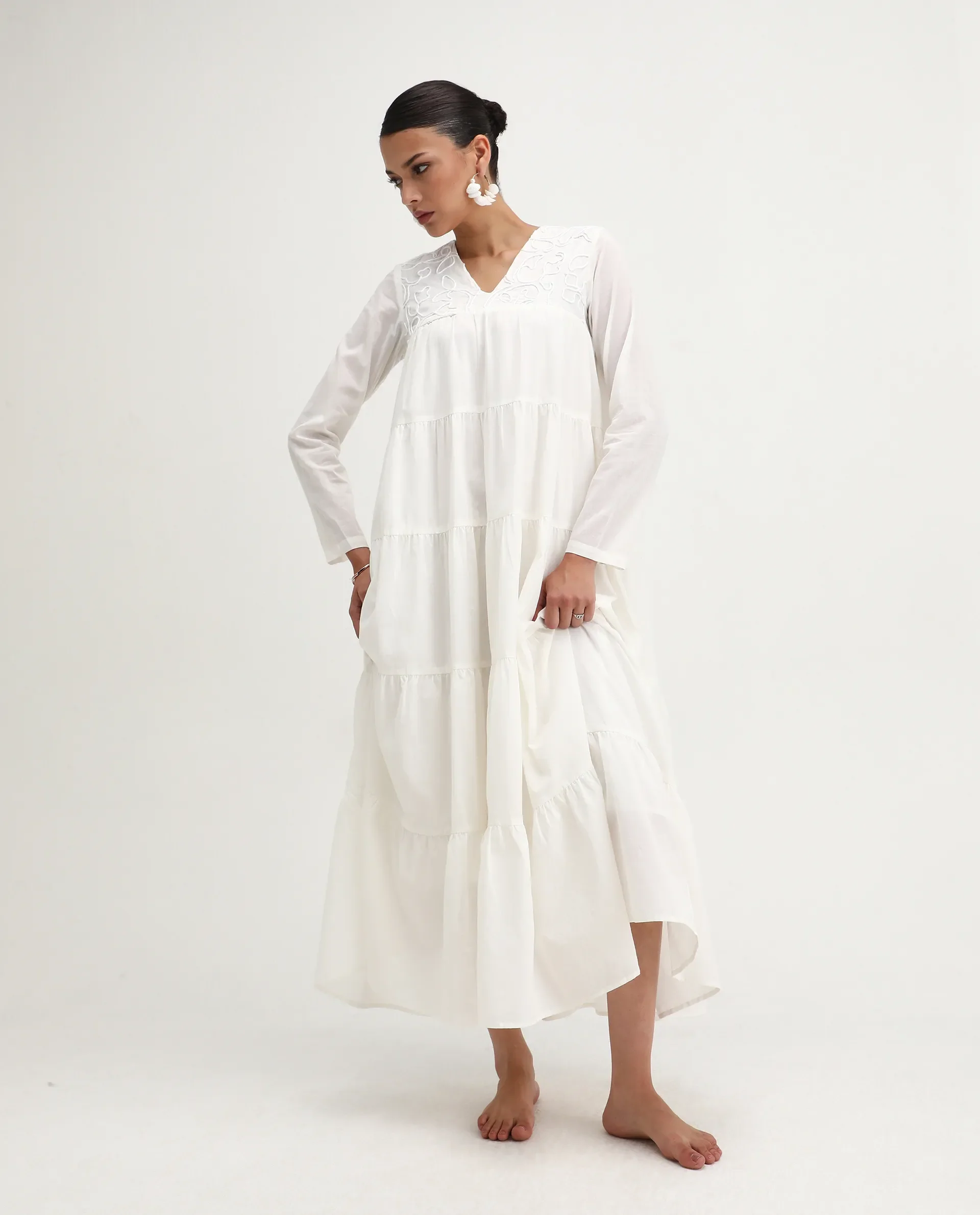 Rareism Women's Janear Beige Cotton Round Neck Plain Maxi Flared Dress