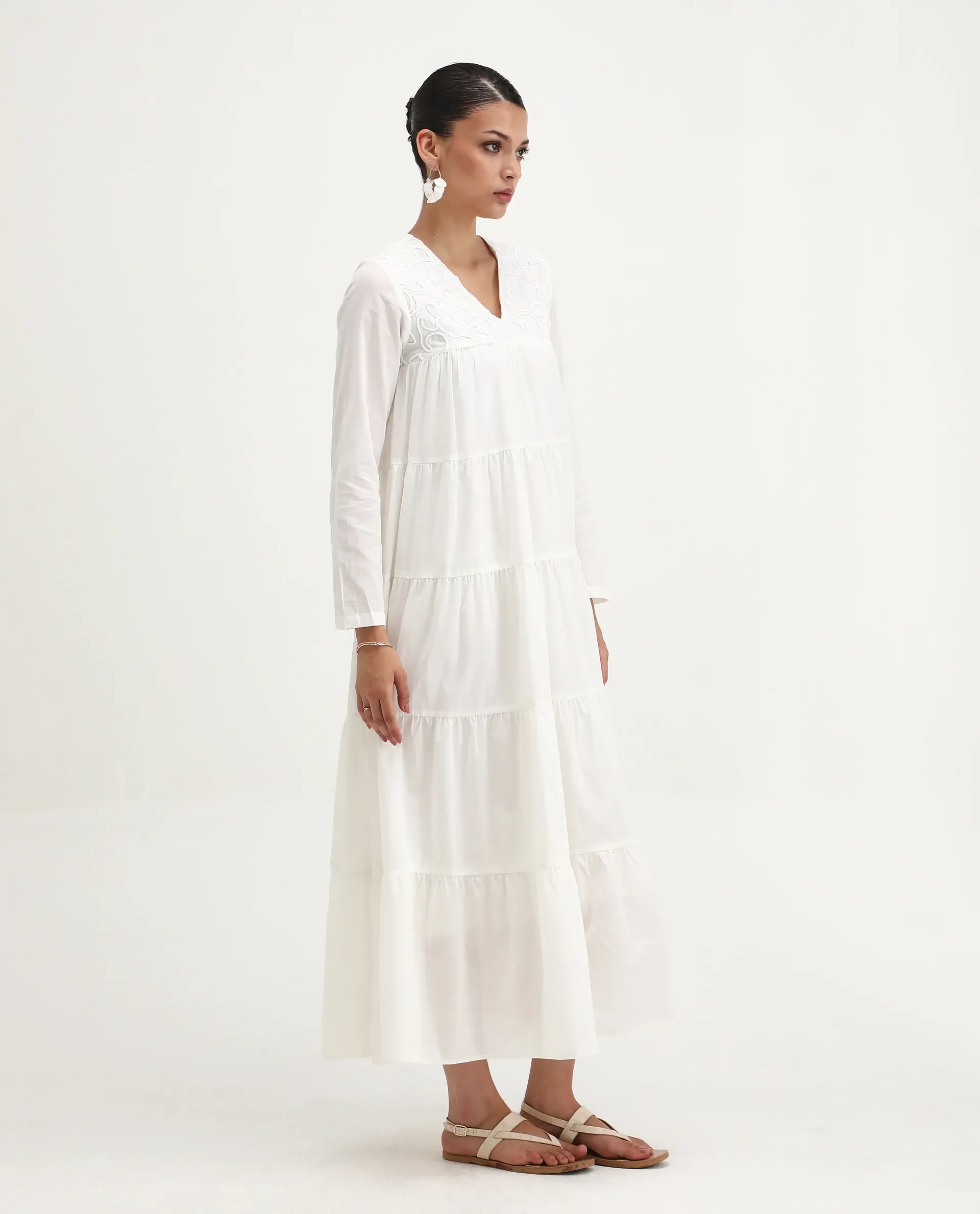 Rareism Women's Janear Beige Cotton Round Neck Plain Maxi Flared Dress - Image 5