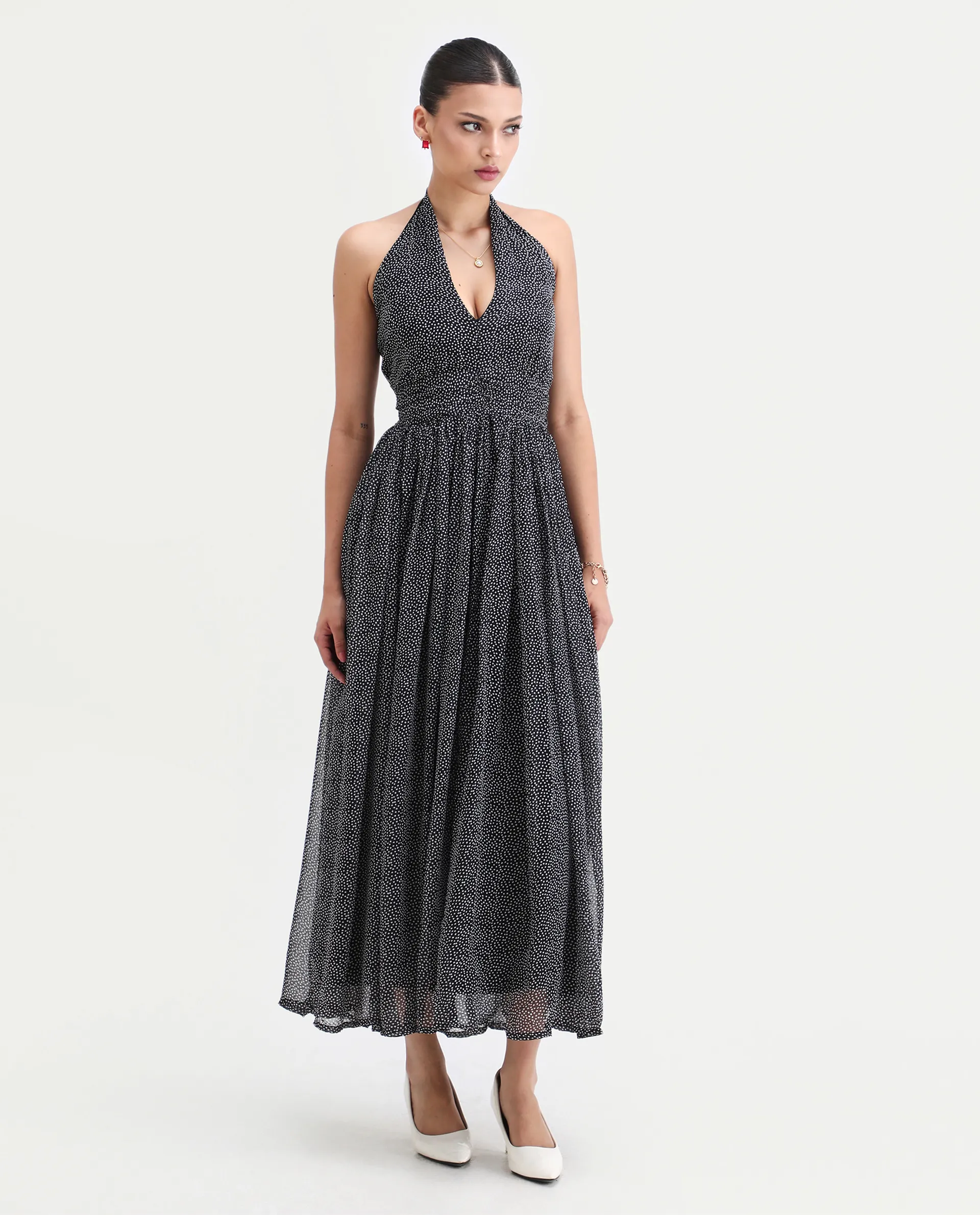 Rareism Women's Janert Black Viscose Halter Neck Polka Print Sleeveless Maxi Fit And Flare Dress - Image 2
