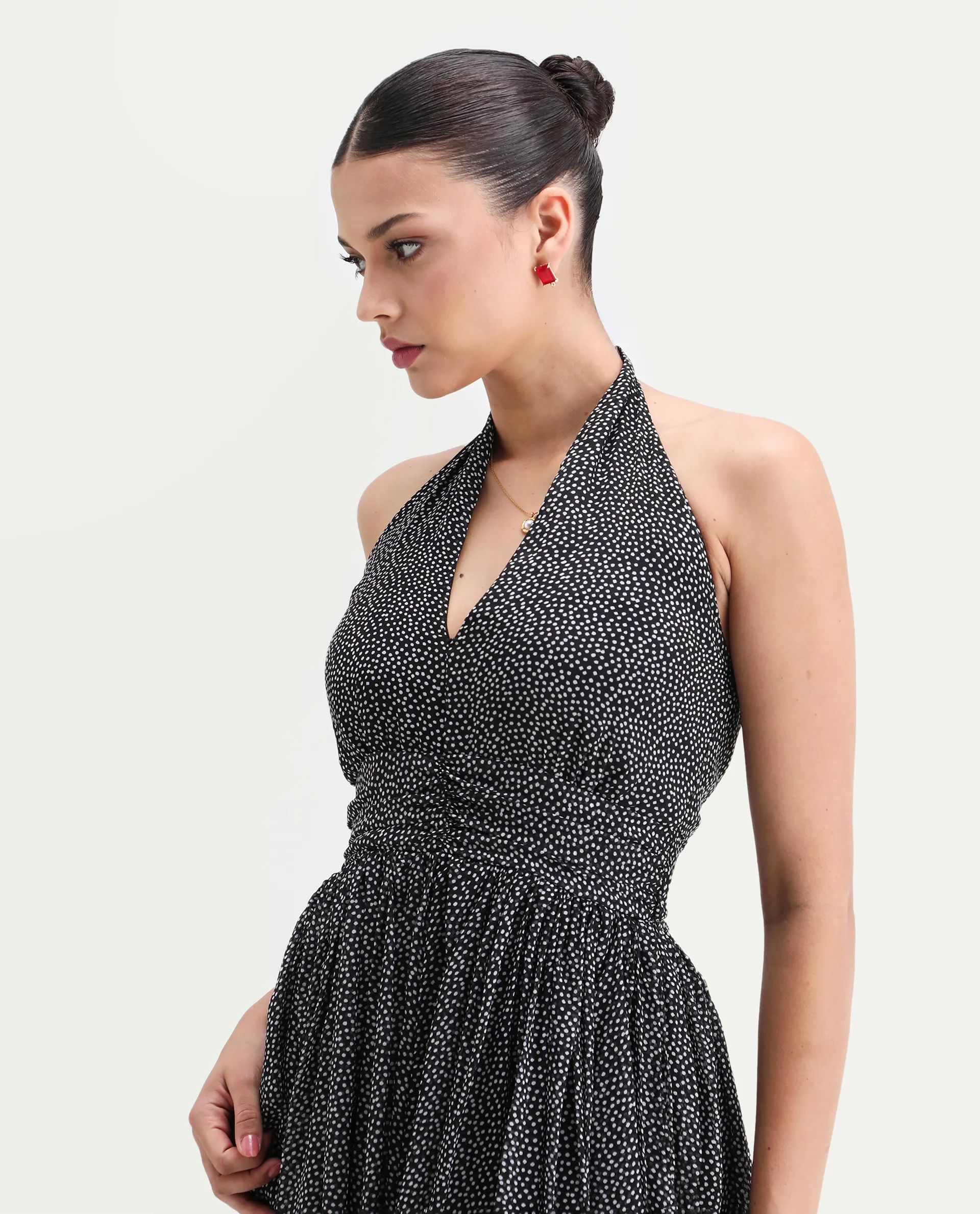 Rareism Women's Janert Black Viscose Halter Neck Polka Print Sleeveless Maxi Fit And Flare Dress - Image 3