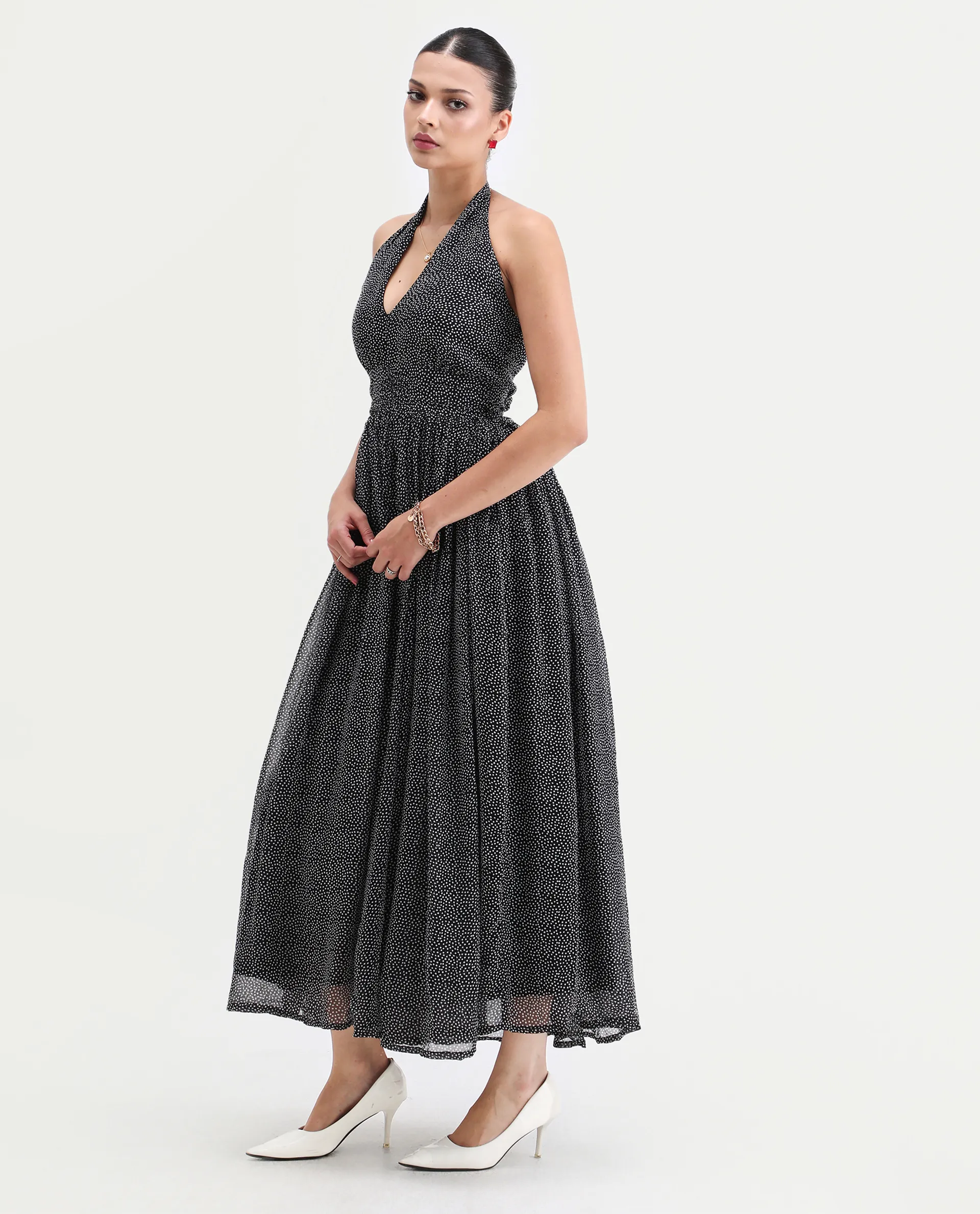 Rareism Women's Janert Black Viscose Halter Neck Polka Print Sleeveless Maxi Fit And Flare Dress - Image 5