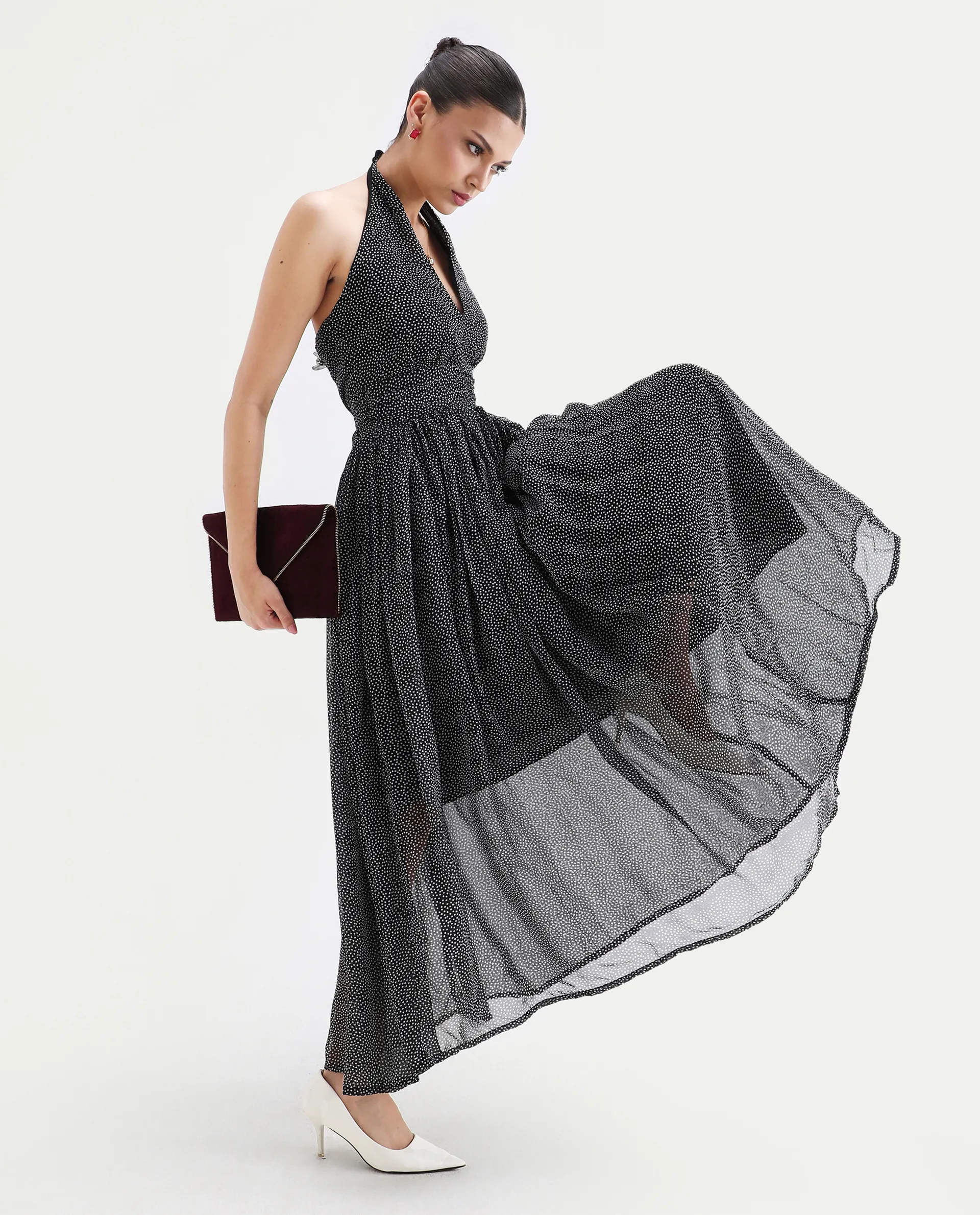 Rareism Women's Janert Black Viscose Halter Neck Polka Print Sleeveless Maxi Fit And Flare Dress - Image 6