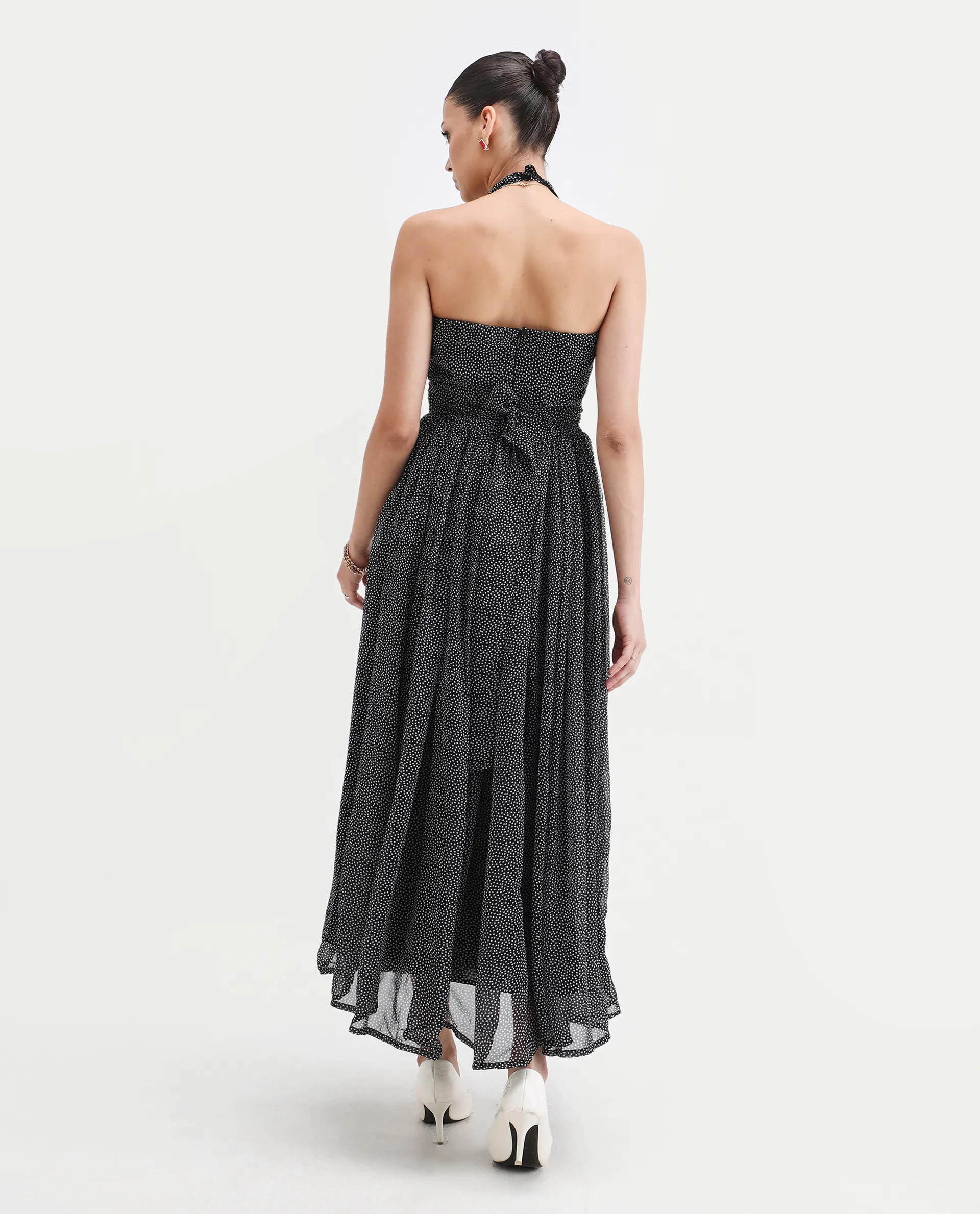 Rareism Women's Janert Black Viscose Halter Neck Polka Print Sleeveless Maxi Fit And Flare Dress - Image 7