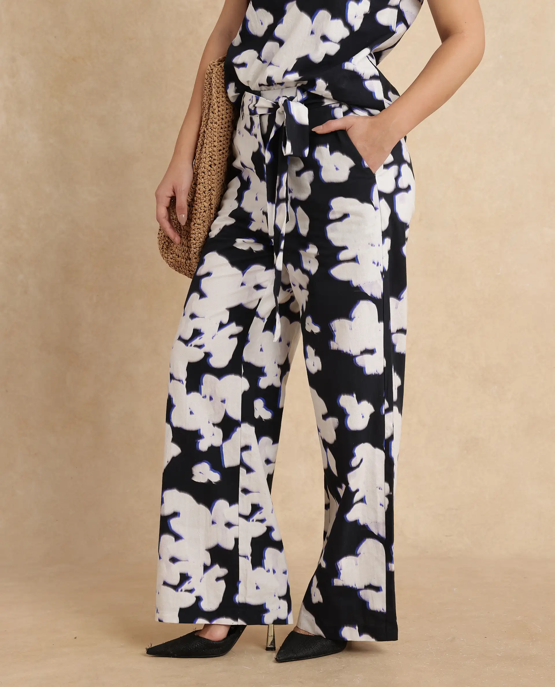 Rareism Women's Janfara B Black Cotton Abstract Print Ankle Length Wide Trouser - Image 8