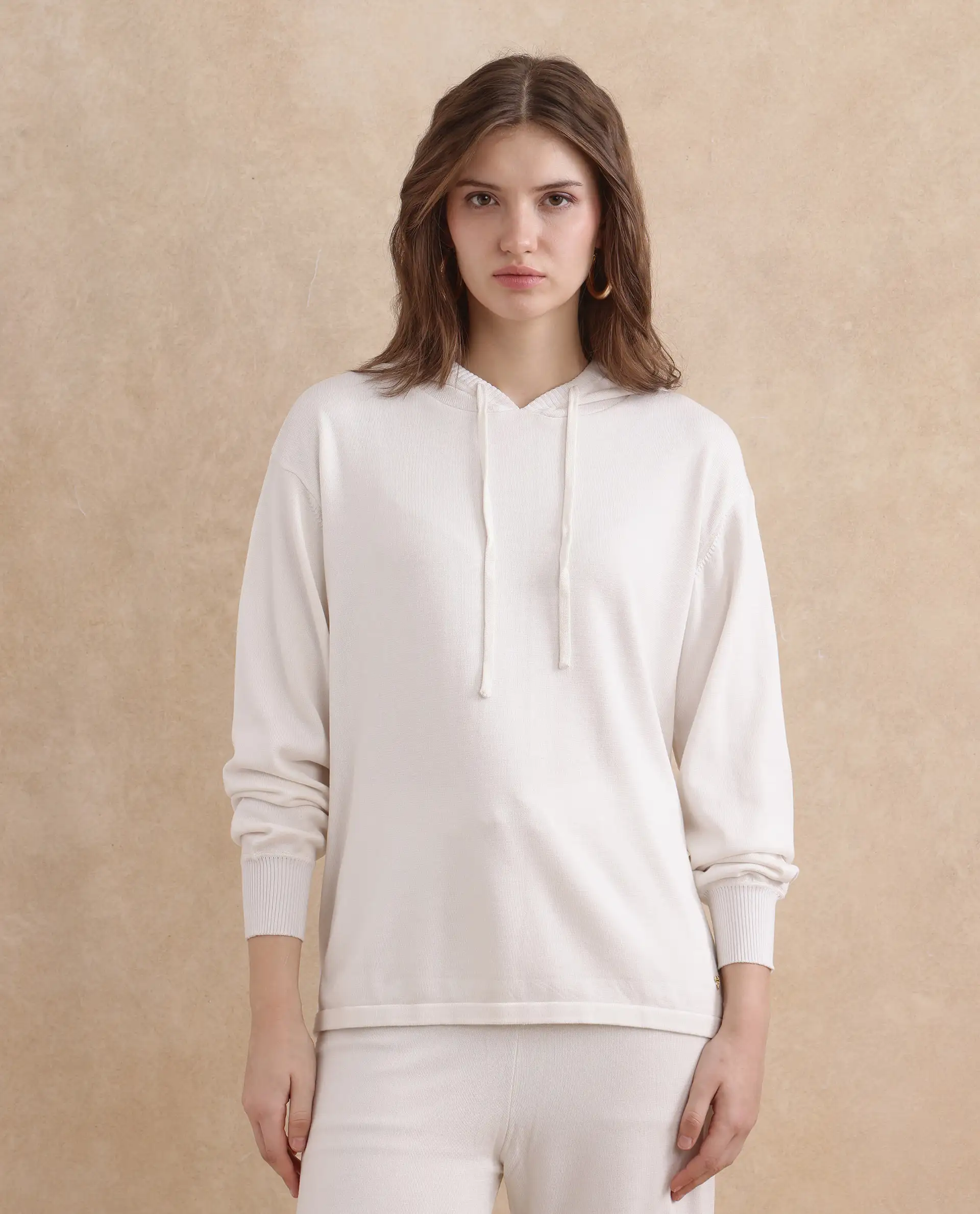 Rareism Women's Janfinn T Off White Viscose Blend Hooded Plain Relaxed Fit Top - Image 3