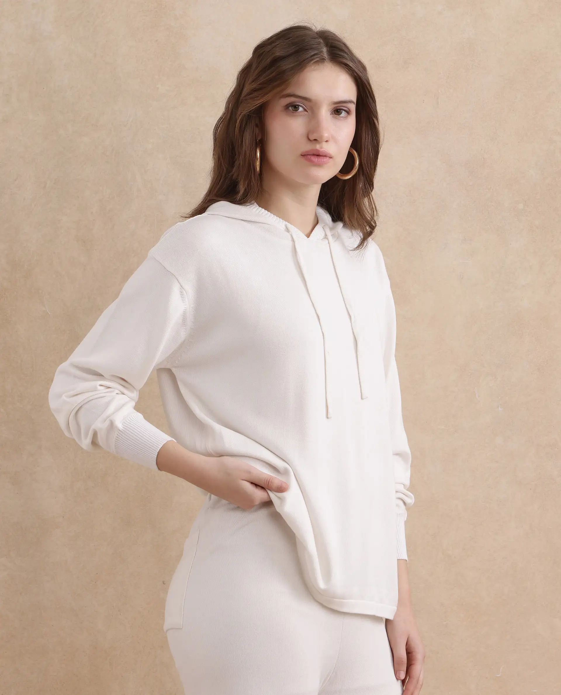 Rareism Women's Janfinn T Off White Viscose Blend Hooded Plain Relaxed Fit Top - Image 6