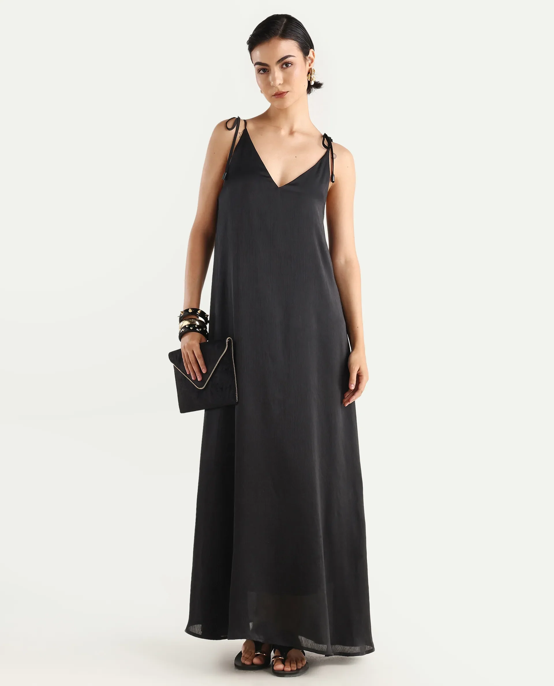 Rareism Women's Janfree Black Polyester Shoulder Strap Plain Sleeveless Maxi A-Line Dress