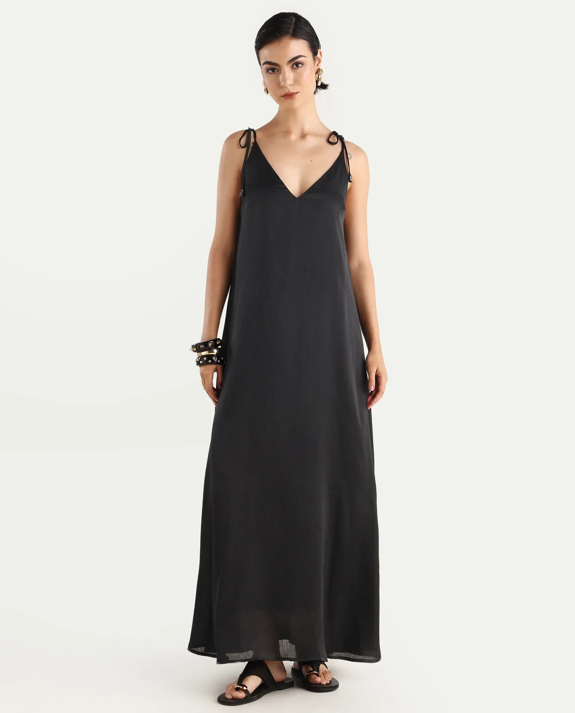Rareism Women's Janfree Black Polyester Shoulder Strap Plain Sleeveless Maxi A-Line Dress - Image 2