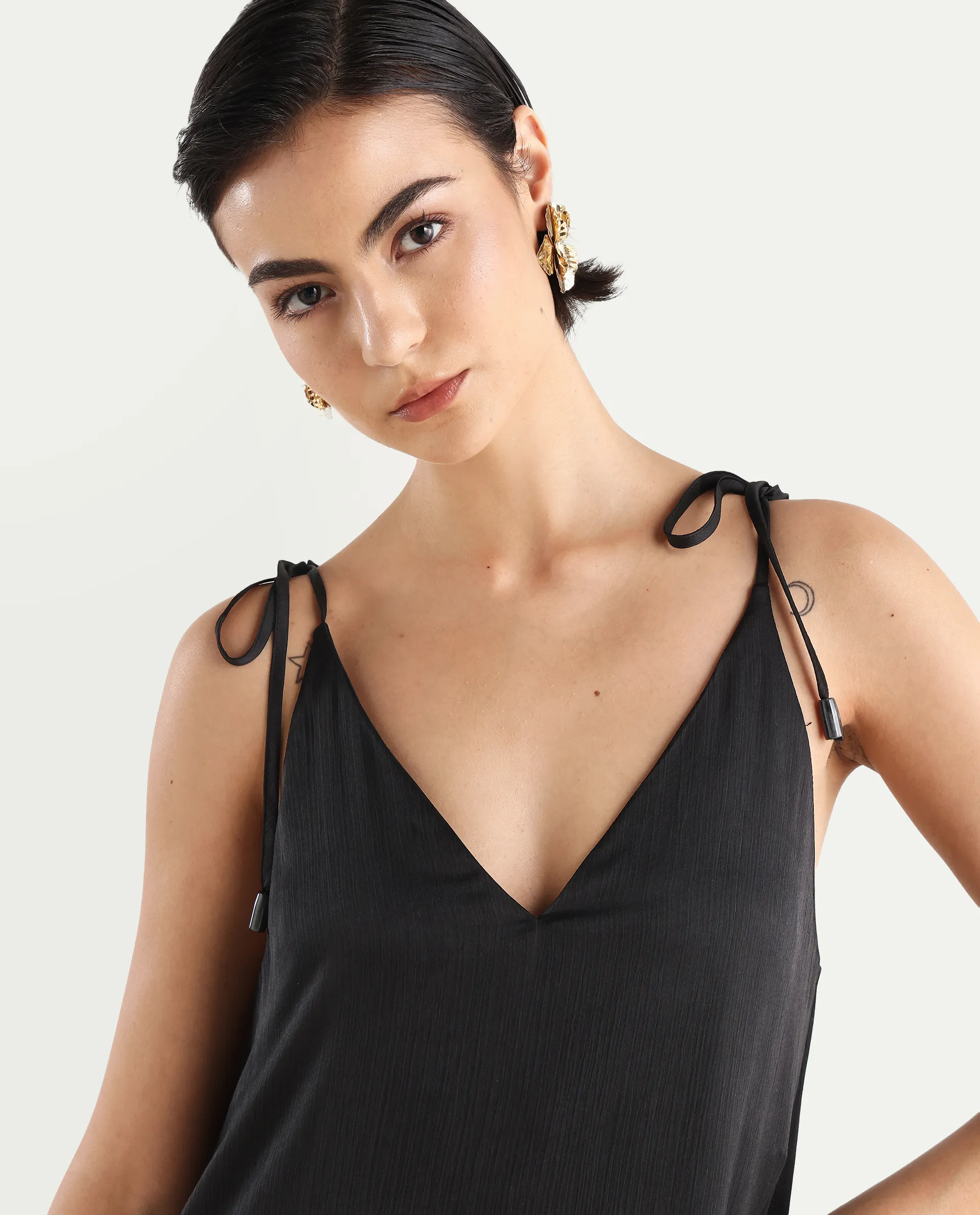 Rareism Women's Janfree Black Polyester Shoulder Strap Plain Sleeveless Maxi A-Line Dress - Image 4