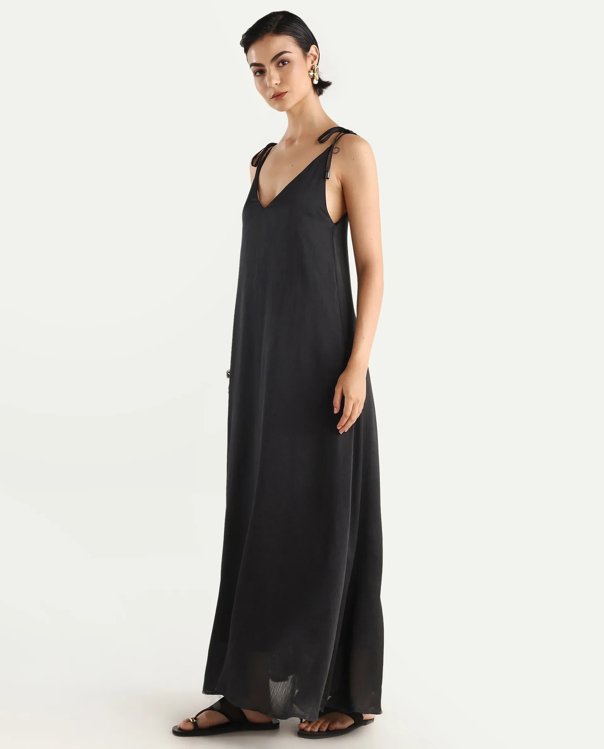 Rareism Women's Janfree Black Polyester Shoulder Strap Plain Sleeveless Maxi A-Line Dress - Image 5
