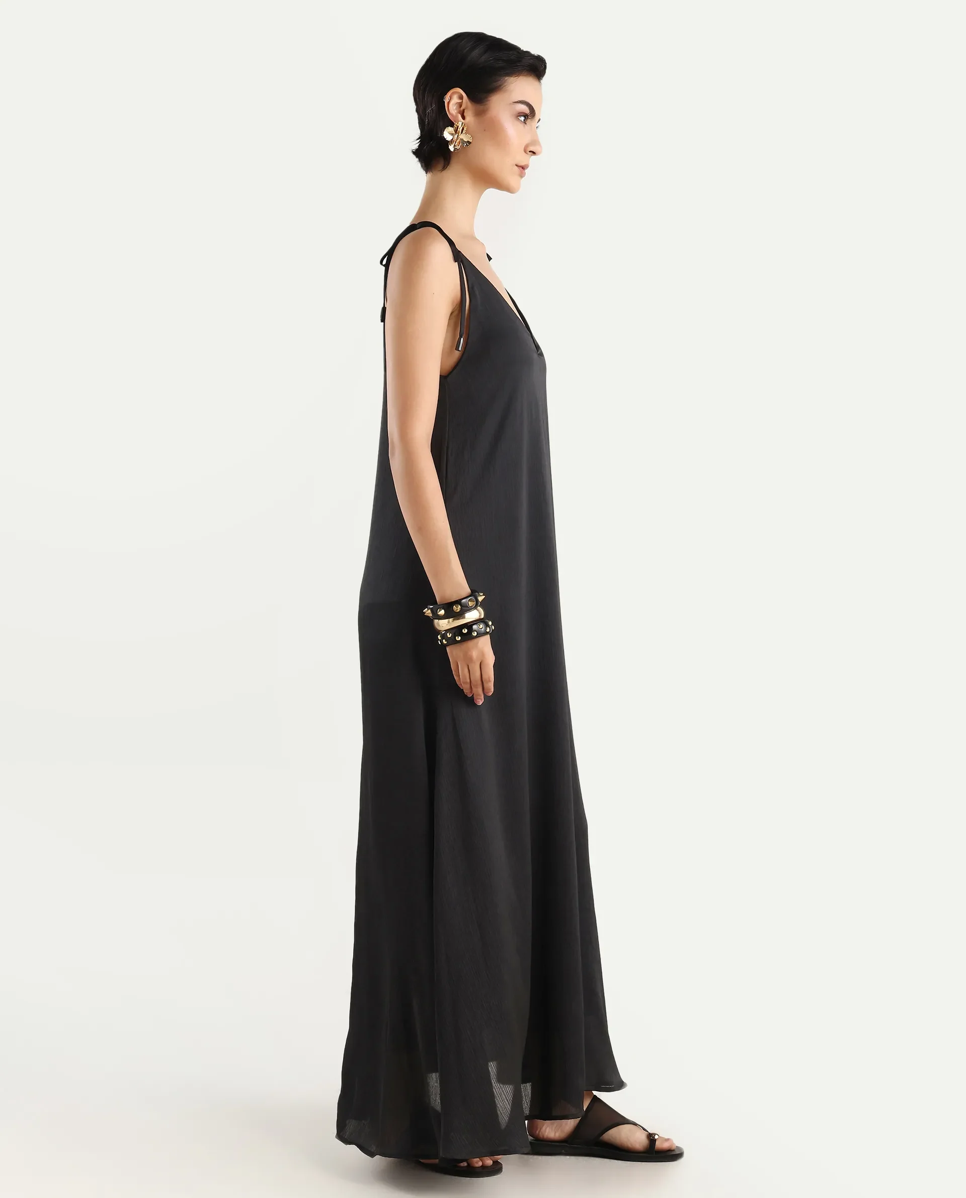Rareism Women's Janfree Black Polyester Shoulder Strap Plain Sleeveless Maxi A-Line Dress - Image 6