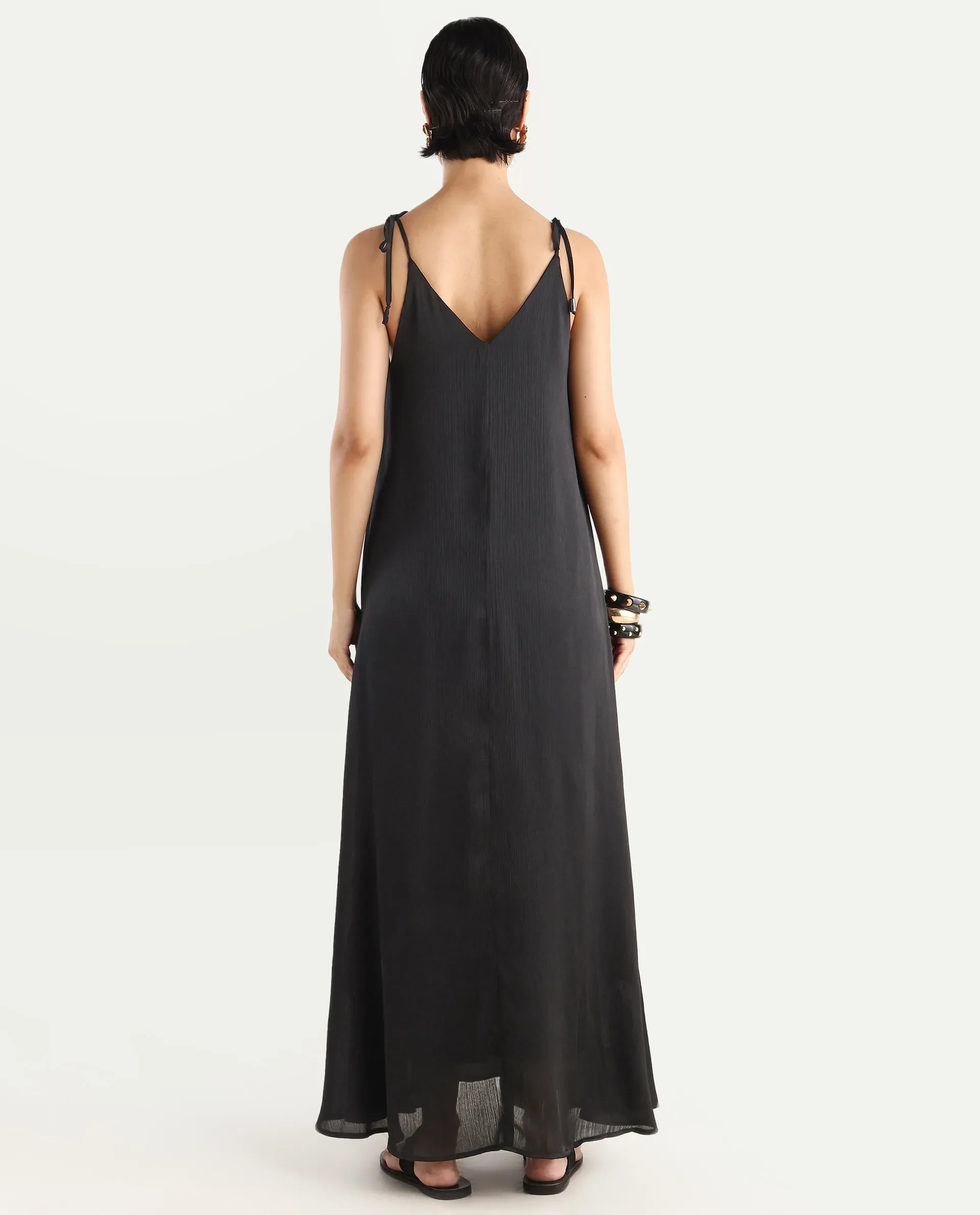 Rareism Women's Janfree Black Polyester Shoulder Strap Plain Sleeveless Maxi A-Line Dress - Image 7