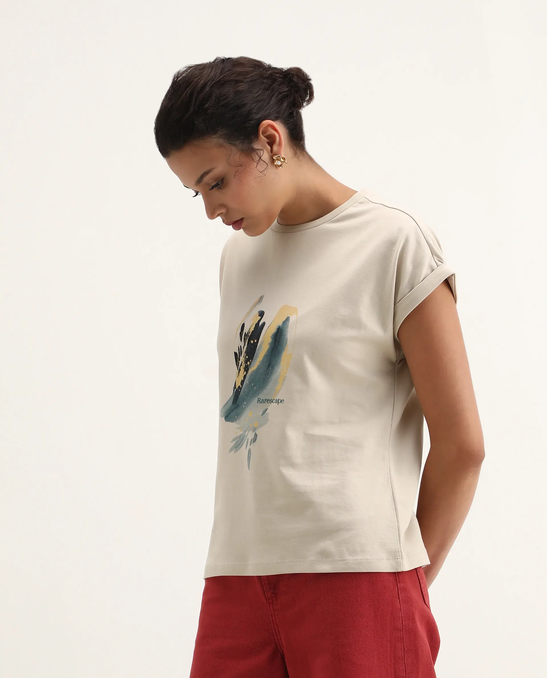 Rareism Women's Jango-S26 Beige Cotton Half Sleeve Regular Fit Graphic Print T-Shirt - Image 5