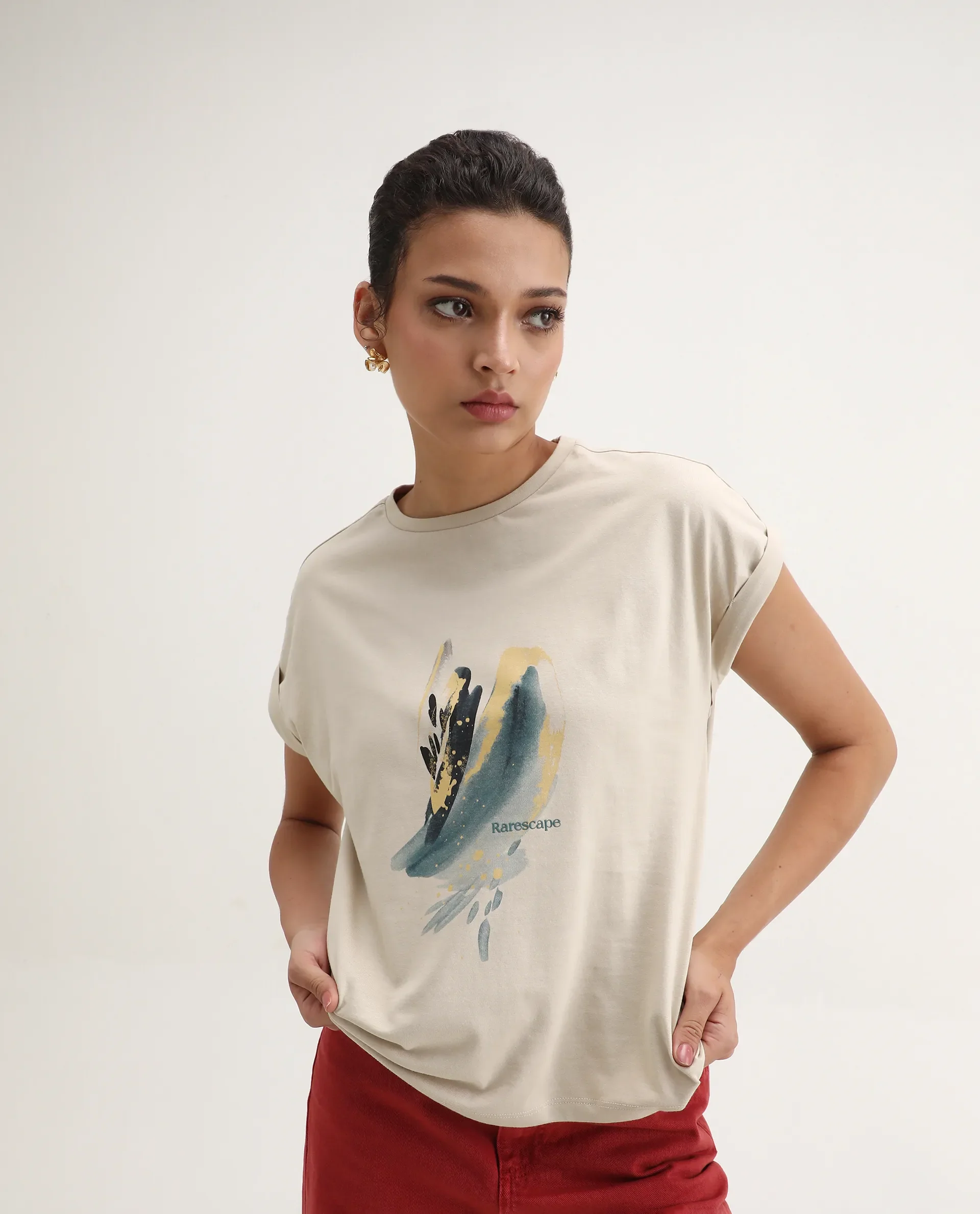 Rareism Women's Jango Beige Cotton Round Neck Graphic Print Extended Sleeves Regular Fit T-Shirt