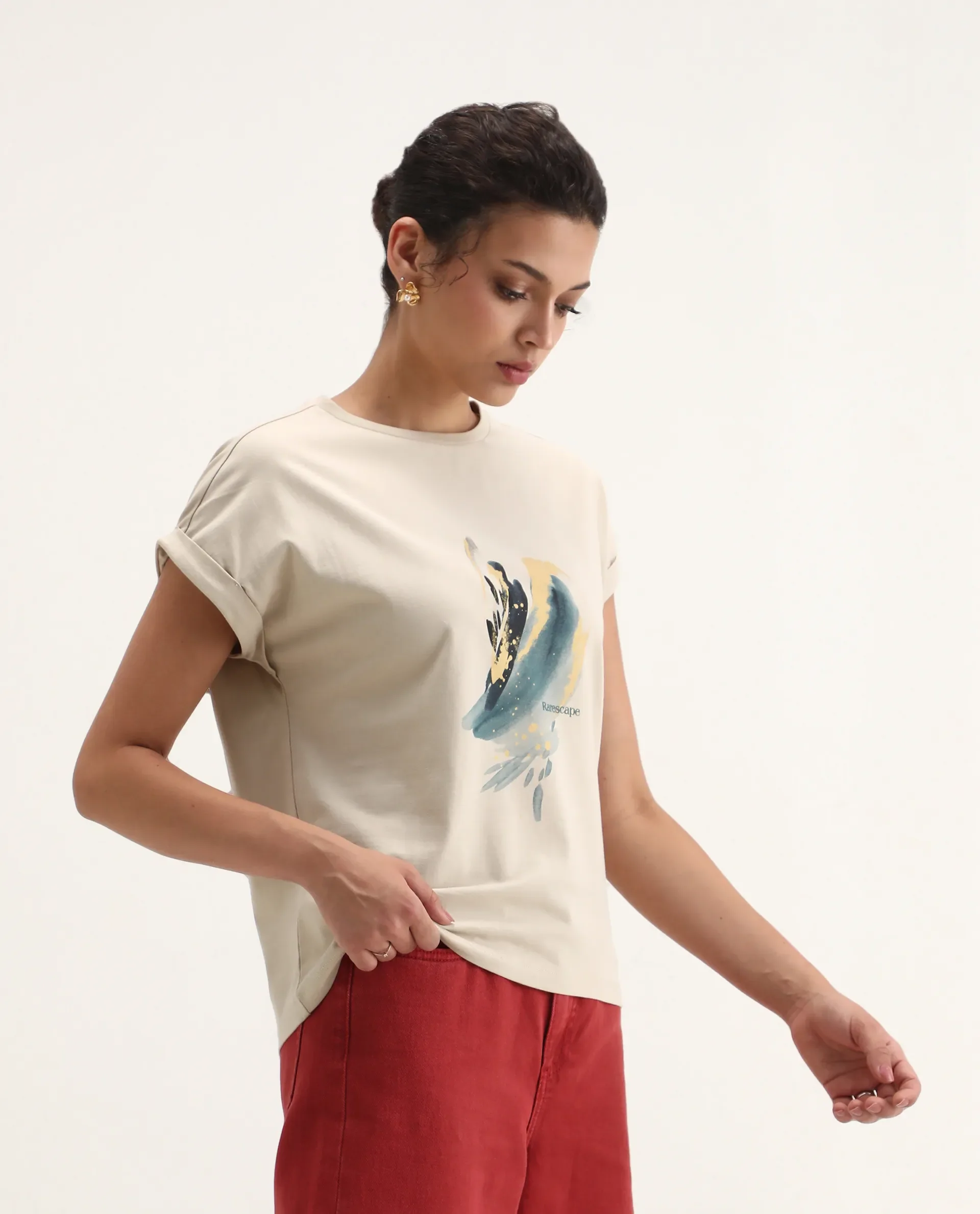 Rareism Women's Jango Beige Cotton Round Neck Graphic Print Extended Sleeves Regular Fit T-Shirt - Image 3