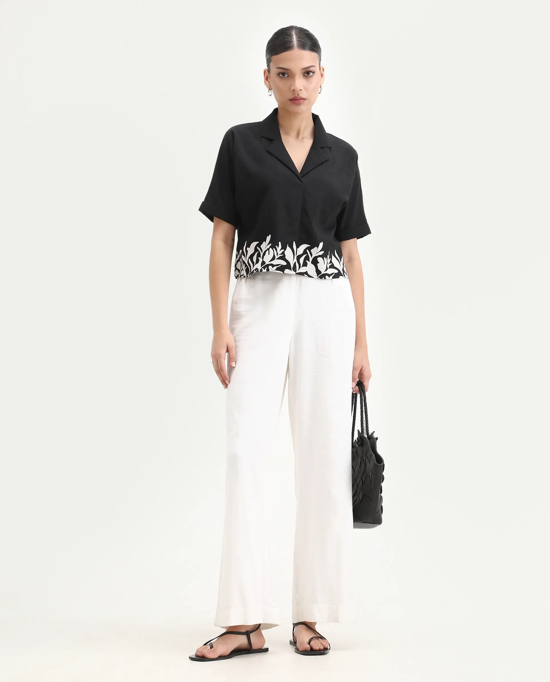 Rareism Women's Janhemo Black Viscose Blend Lapel Neck Floral Print Crop Boxy Fit Top - Image 2