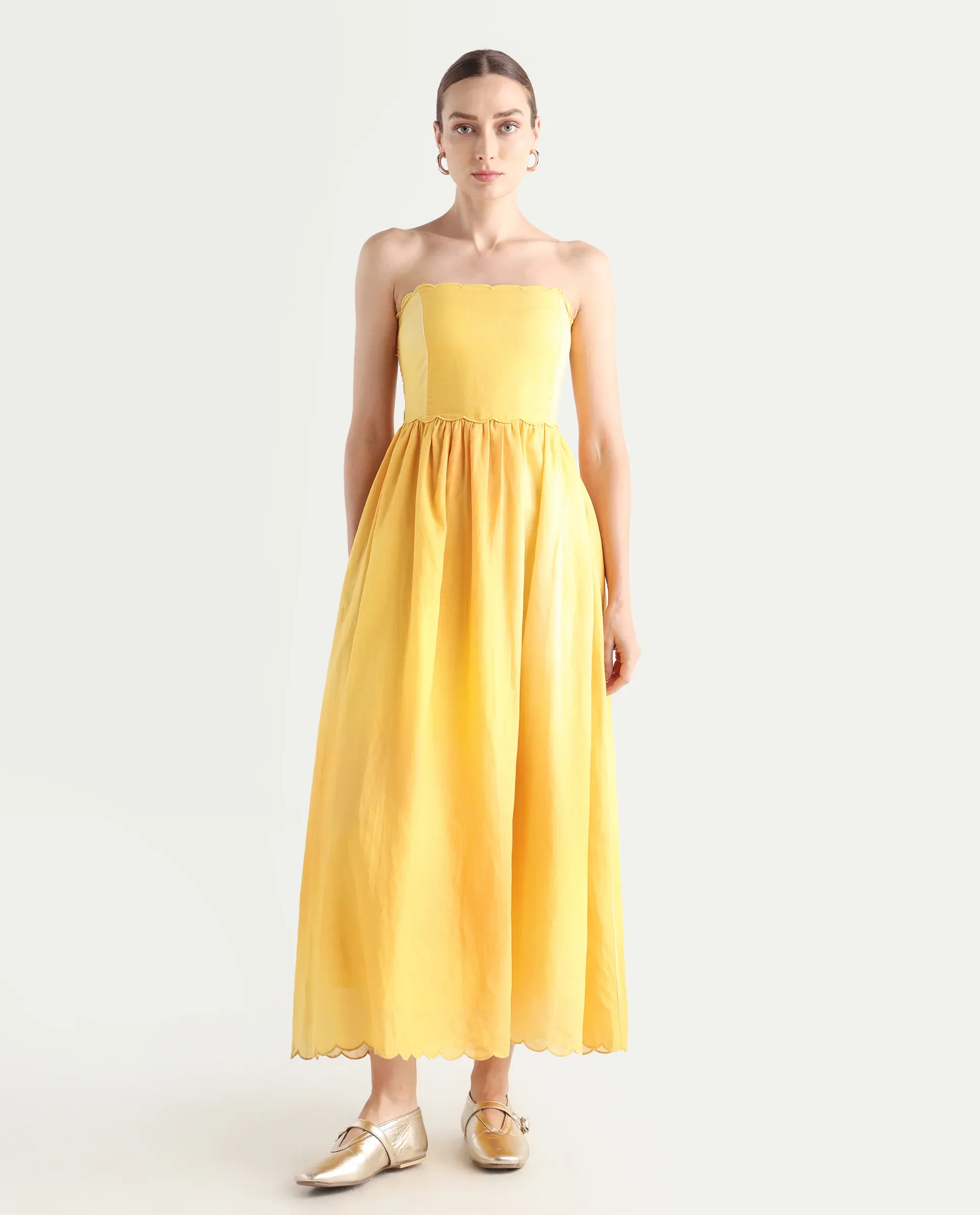 Rareism Women's Janholo Light Mustard Cotton Blend Tube Neck Ombre Sleeveless Maxi Fit And Flare Dress - Image 2