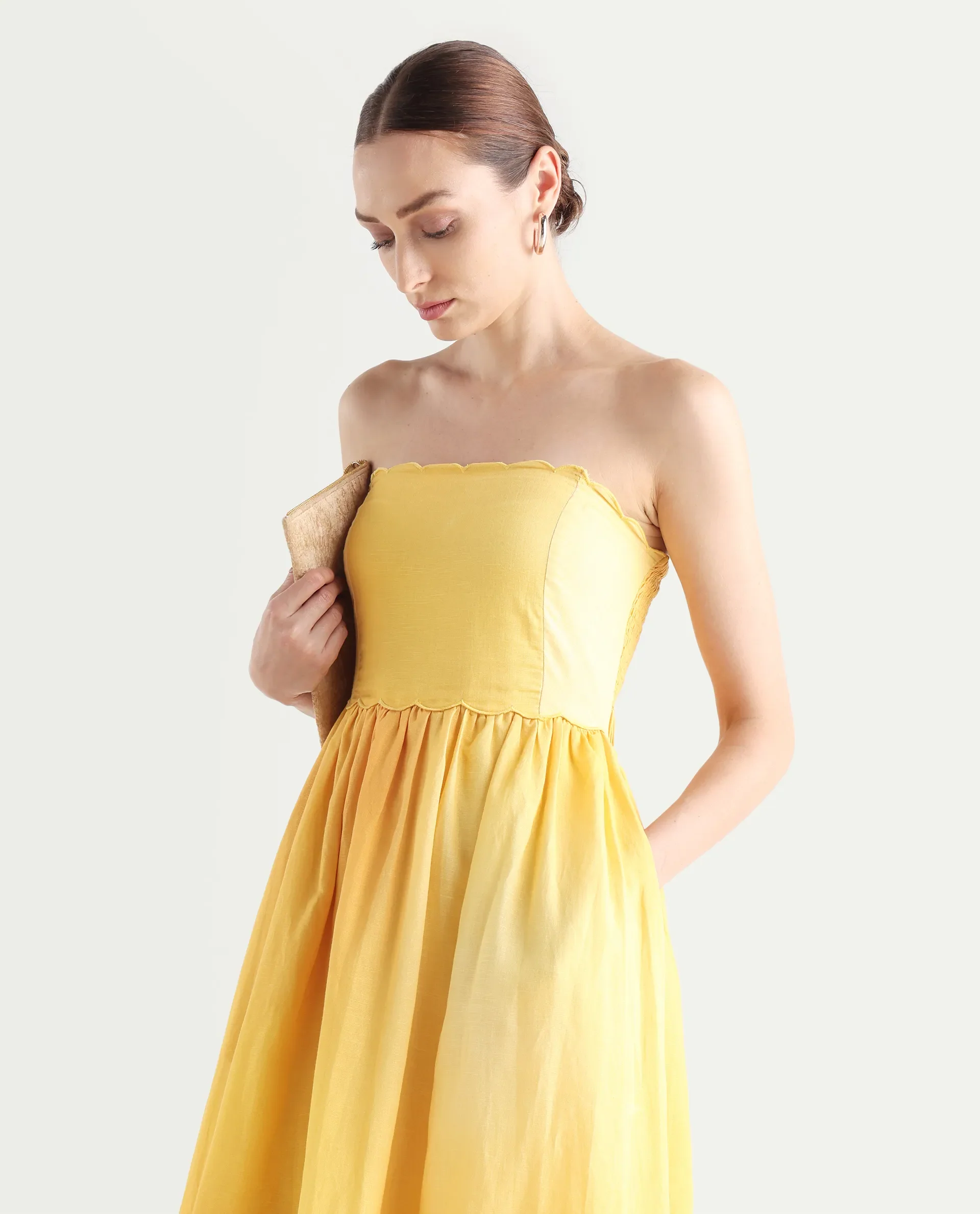 Rareism Women's Janholo Light Mustard Cotton Blend Tube Neck Ombre Sleeveless Maxi Fit And Flare Dress - Image 3