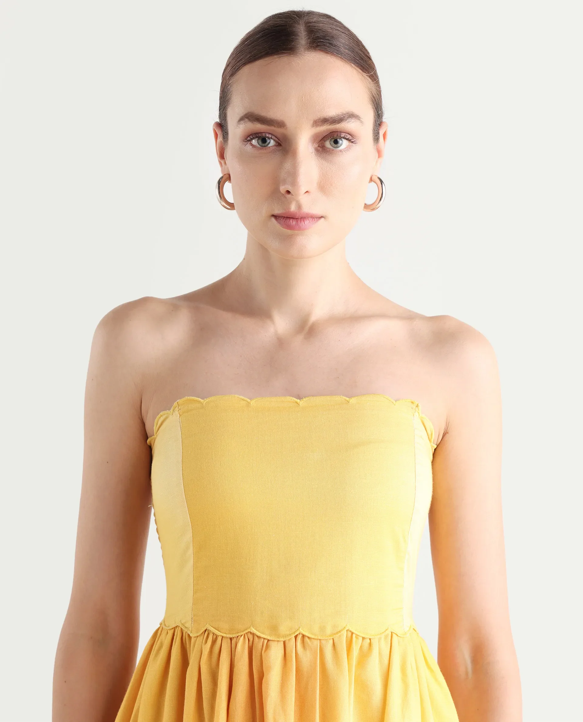 Rareism Women's Janholo Light Mustard Cotton Blend Tube Neck Ombre Sleeveless Maxi Fit And Flare Dress - Image 4