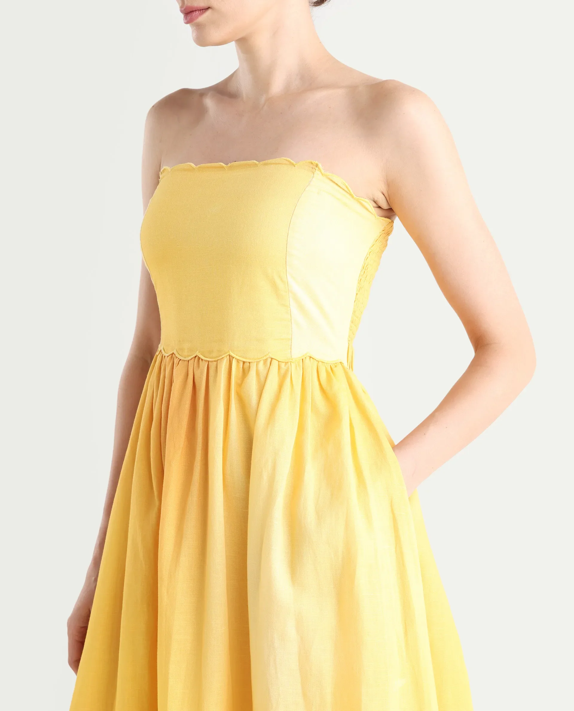 Rareism Women's Janholo Light Mustard Cotton Blend Tube Neck Ombre Sleeveless Maxi Fit And Flare Dress - Image 5