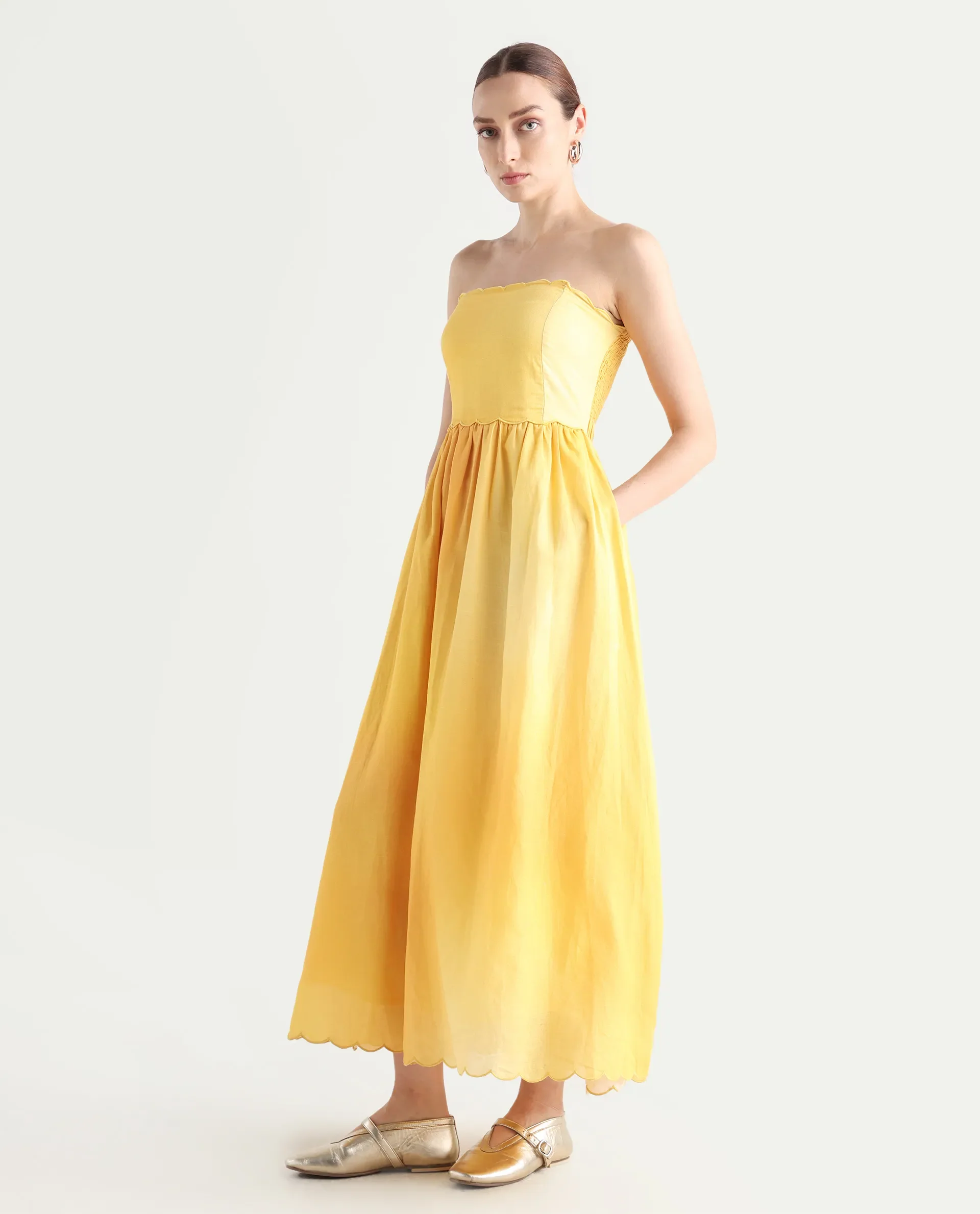Rareism Women's Janholo Light Mustard Cotton Blend Tube Neck Ombre Sleeveless Maxi Fit And Flare Dress - Image 6