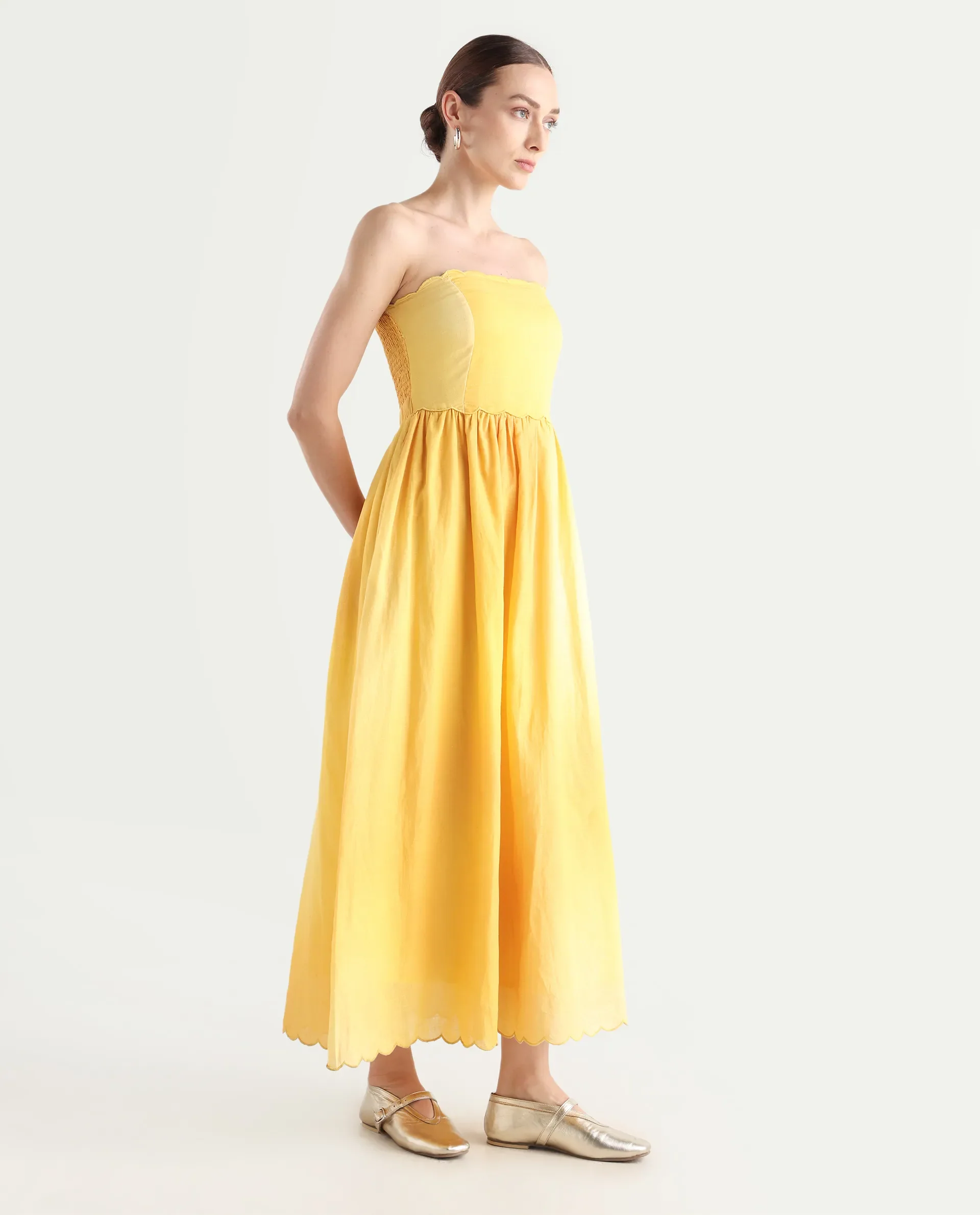 Rareism Women's Janholo Light Mustard Cotton Blend Tube Neck Ombre Sleeveless Maxi Fit And Flare Dress - Image 7