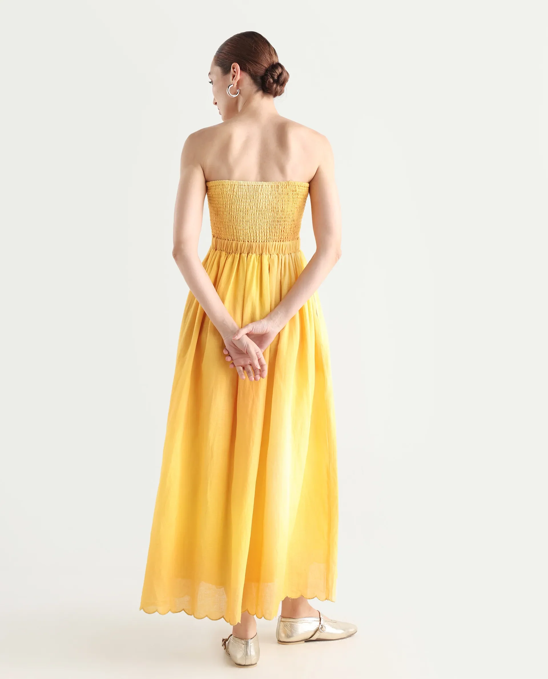 Rareism Women's Janholo Light Mustard Cotton Blend Tube Neck Ombre Sleeveless Maxi Fit And Flare Dress - Image 8