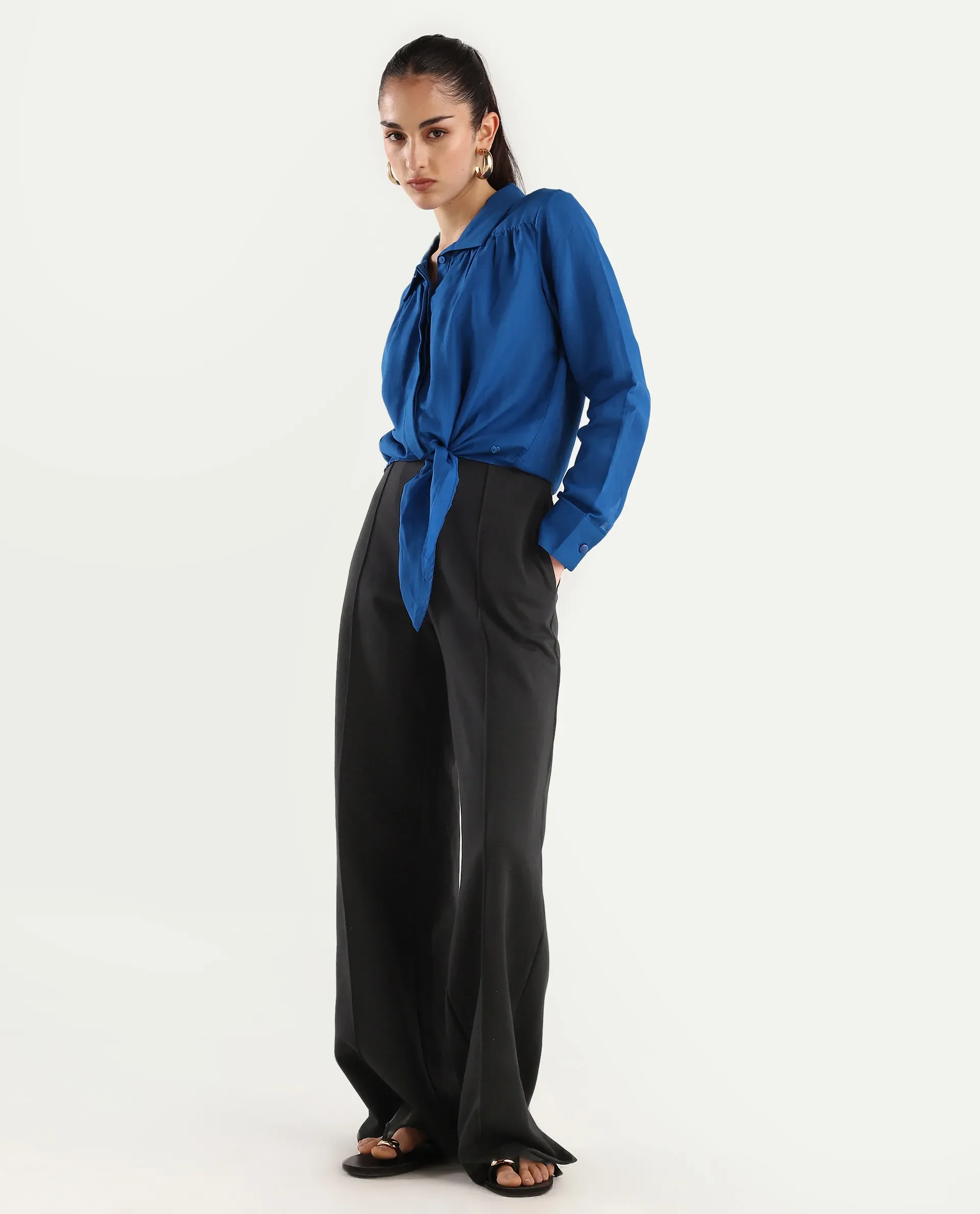 Rareism Women's Janima Blue Modal Blend Spread Collar Plain Cuffed Sleeve Crop Regular Fit Shirt - Image 2