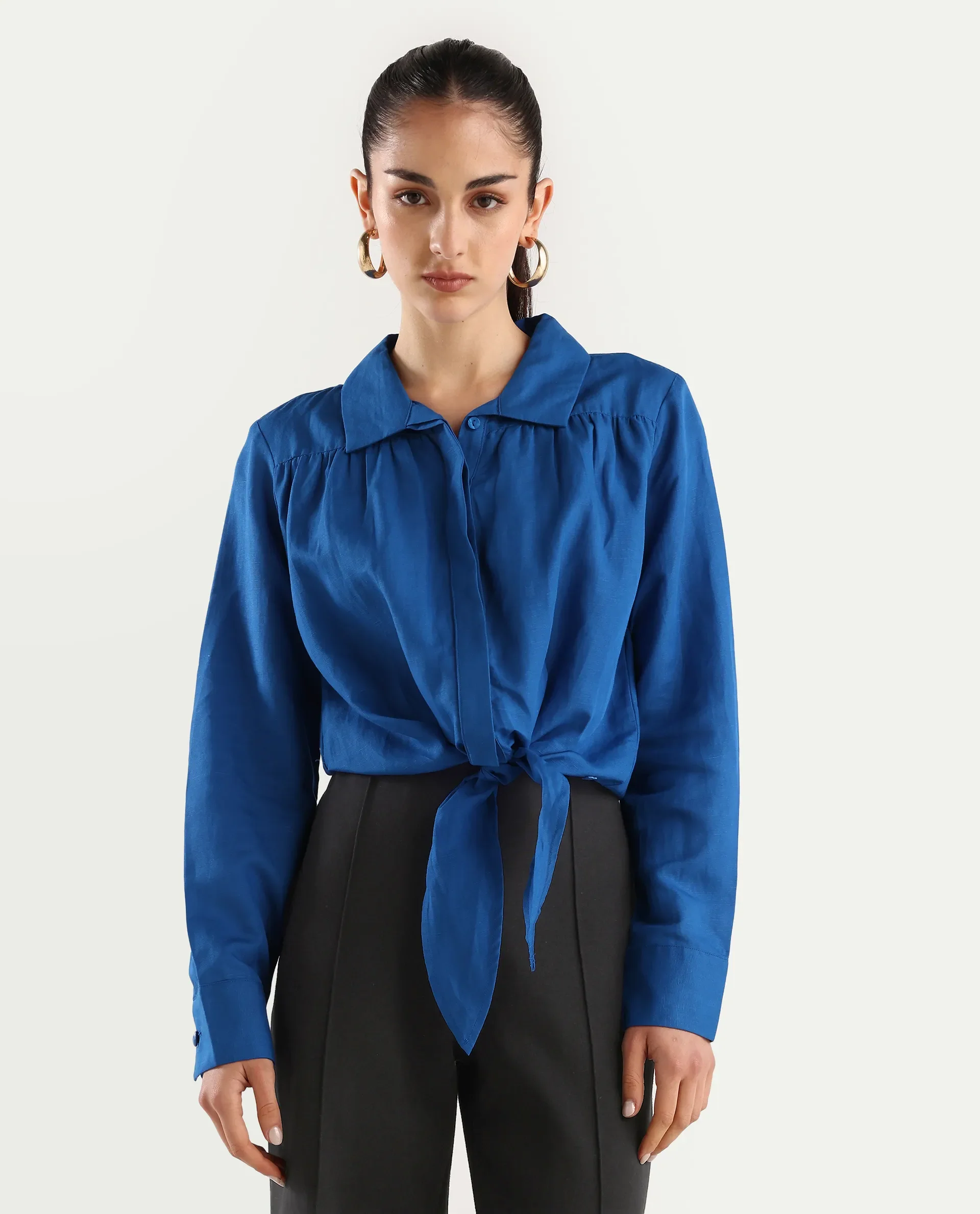 Rareism Women's Janima Blue Modal Blend Spread Collar Plain Cuffed Sleeve Crop Regular Fit Shirt - Image 3