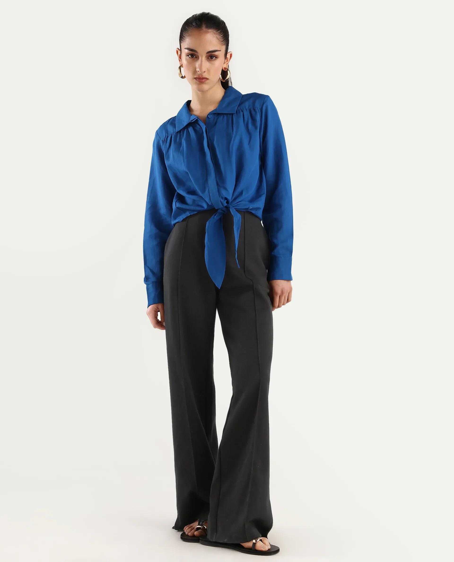 Rareism Women's Janima Blue Modal Blend Spread Collar Plain Cuffed Sleeve Crop Regular Fit Shirt - Image 4