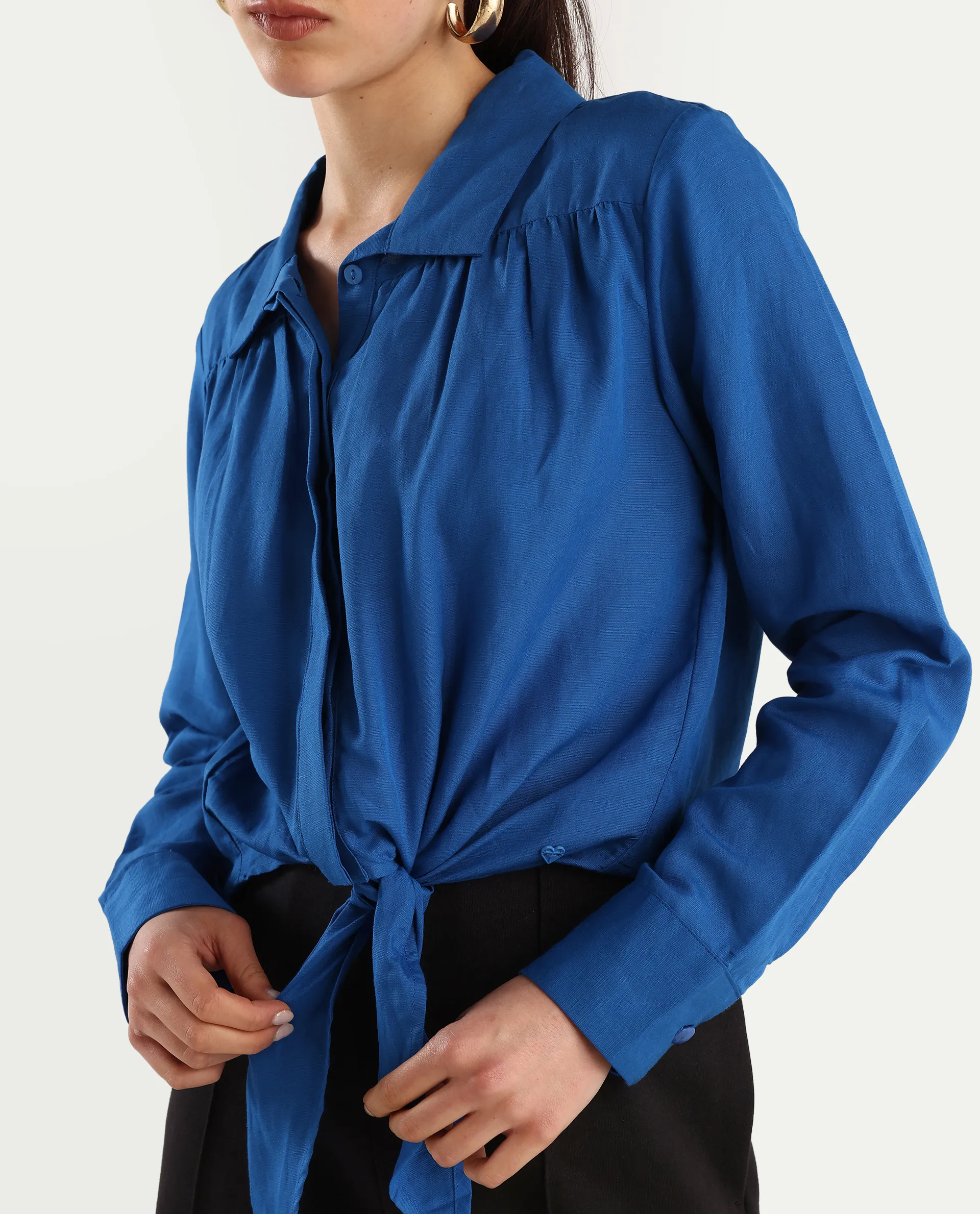 Rareism Women's Janima Blue Modal Blend Spread Collar Plain Cuffed Sleeve Crop Regular Fit Shirt - Image 5