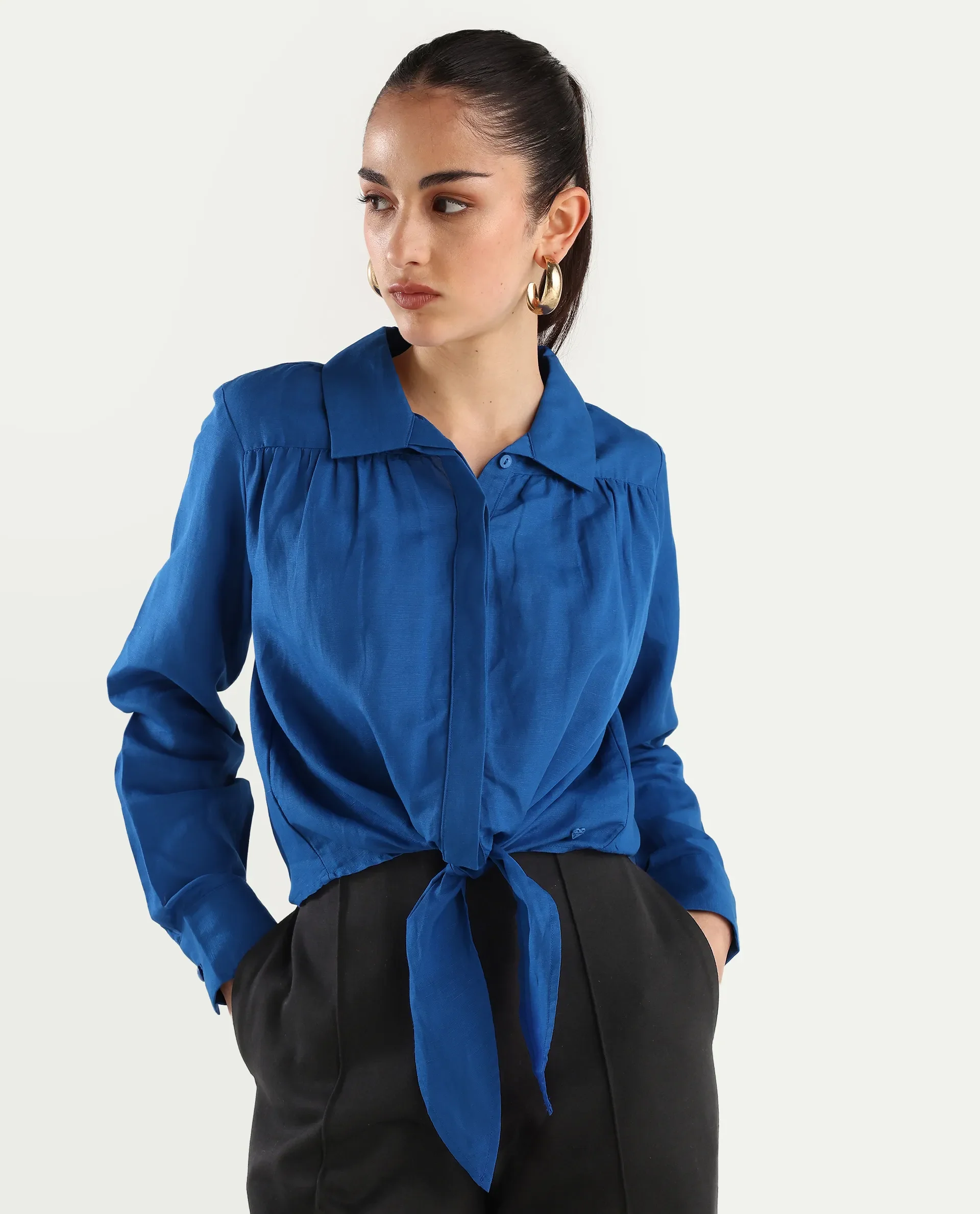 Rareism Women's Janima Blue Modal Blend Spread Collar Plain Cuffed Sleeve Crop Regular Fit Shirt - Image 6