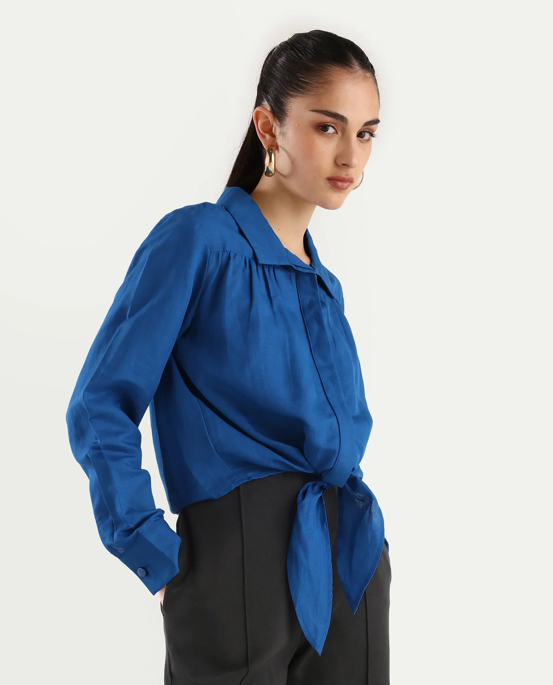Rareism Women's Janima Blue Modal Blend Spread Collar Plain Cuffed Sleeve Crop Regular Fit Shirt - Image 7