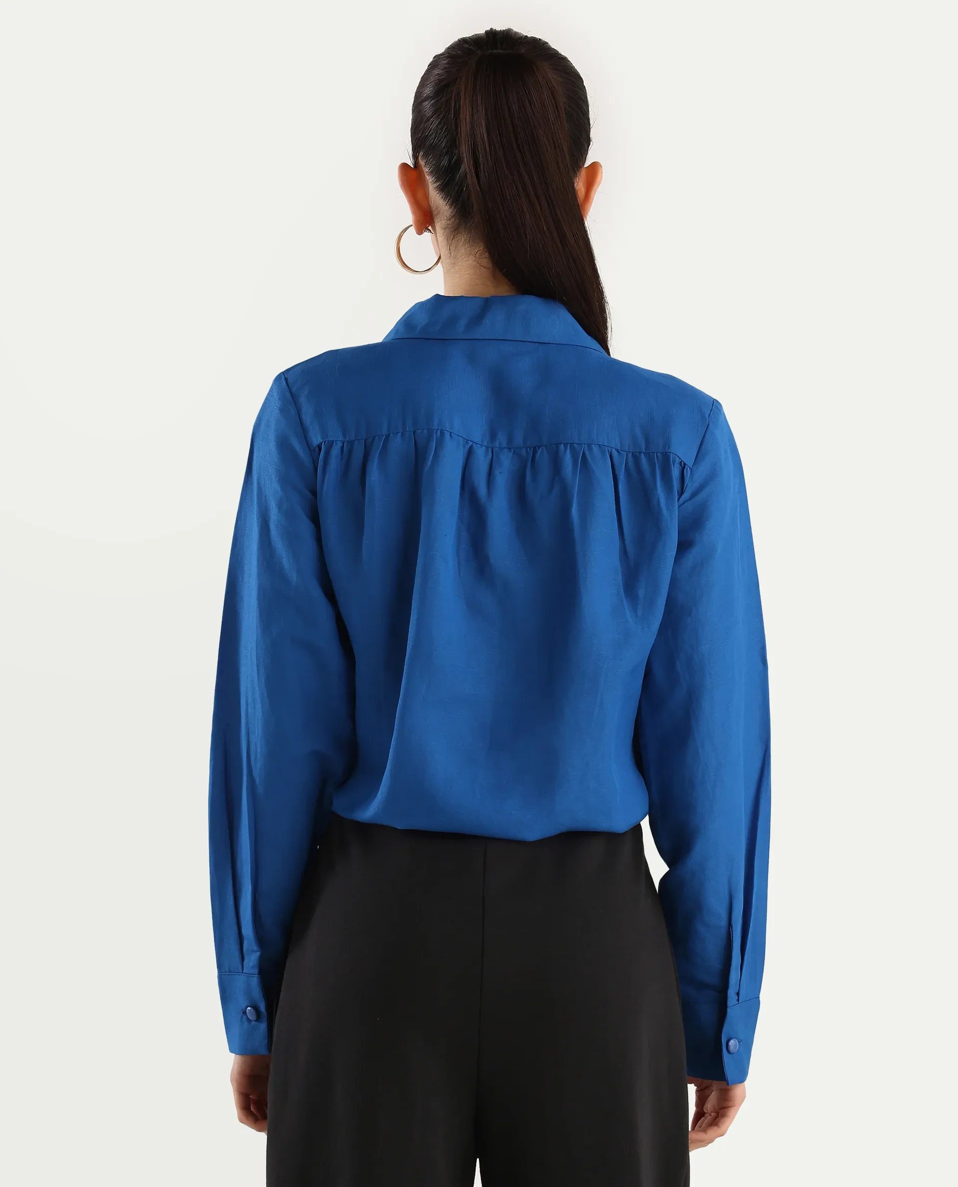 Rareism Women's Janima Blue Modal Blend Spread Collar Plain Cuffed Sleeve Crop Regular Fit Shirt - Image 8