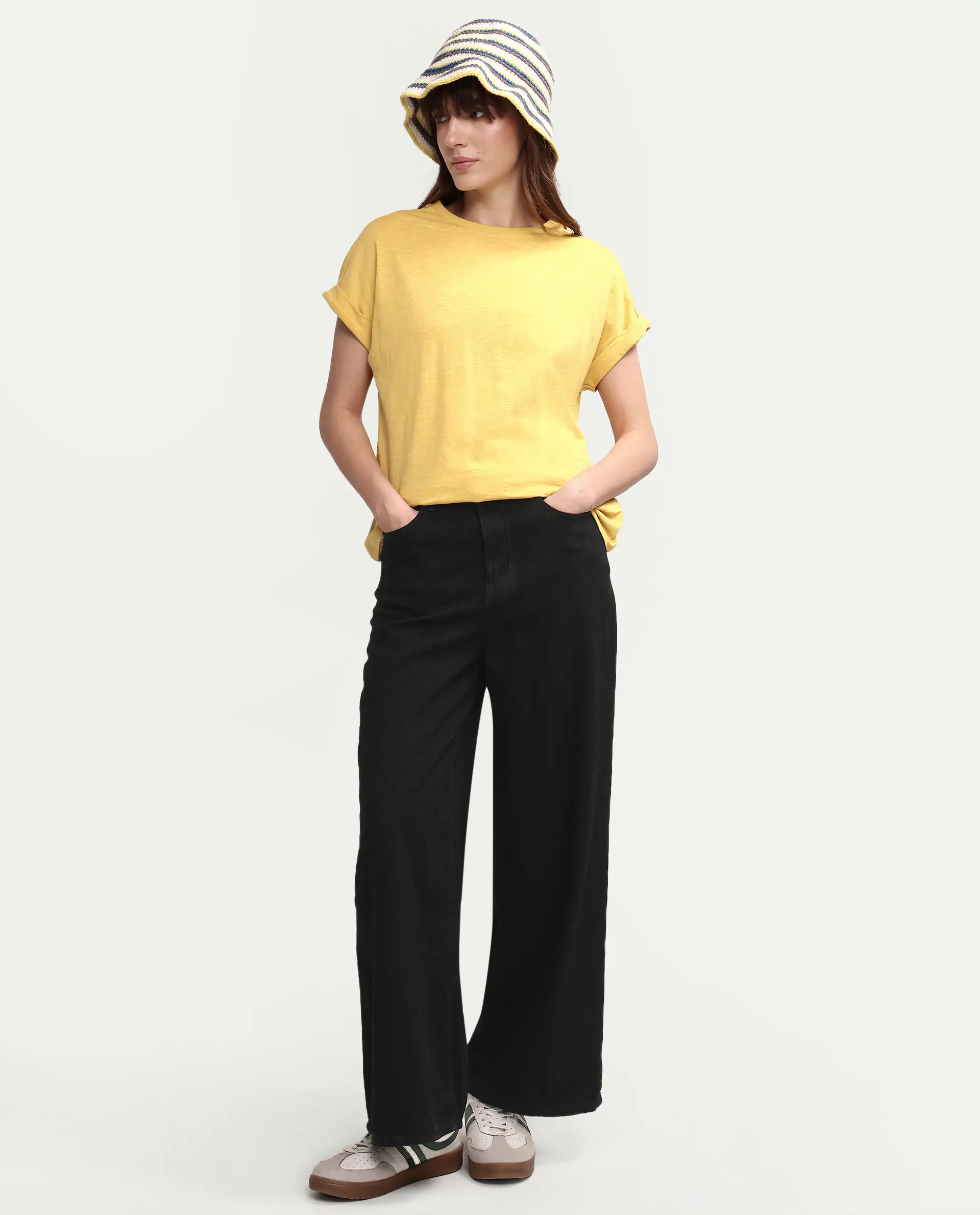 Rareism Women's Janinen Mustard Cotton Round Neck Plain Extended Sleeves Regular Fit T-Shirt - Image 2